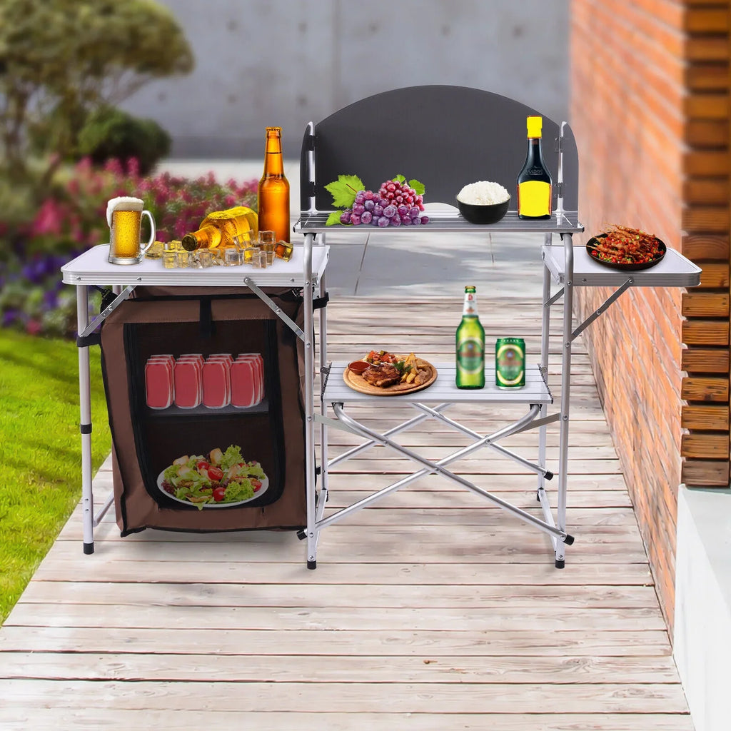 DENEST Folding Camping Kitchen Station Portable Barbecue Table Rack Brown Fabric Cover