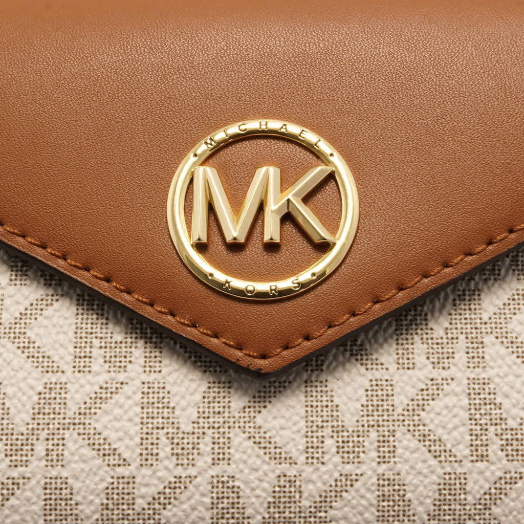 Michael Kors Ladies Signature Logo Carmen Medium Envelope Tri-Fold Wallet - Vanilla/Acorn
