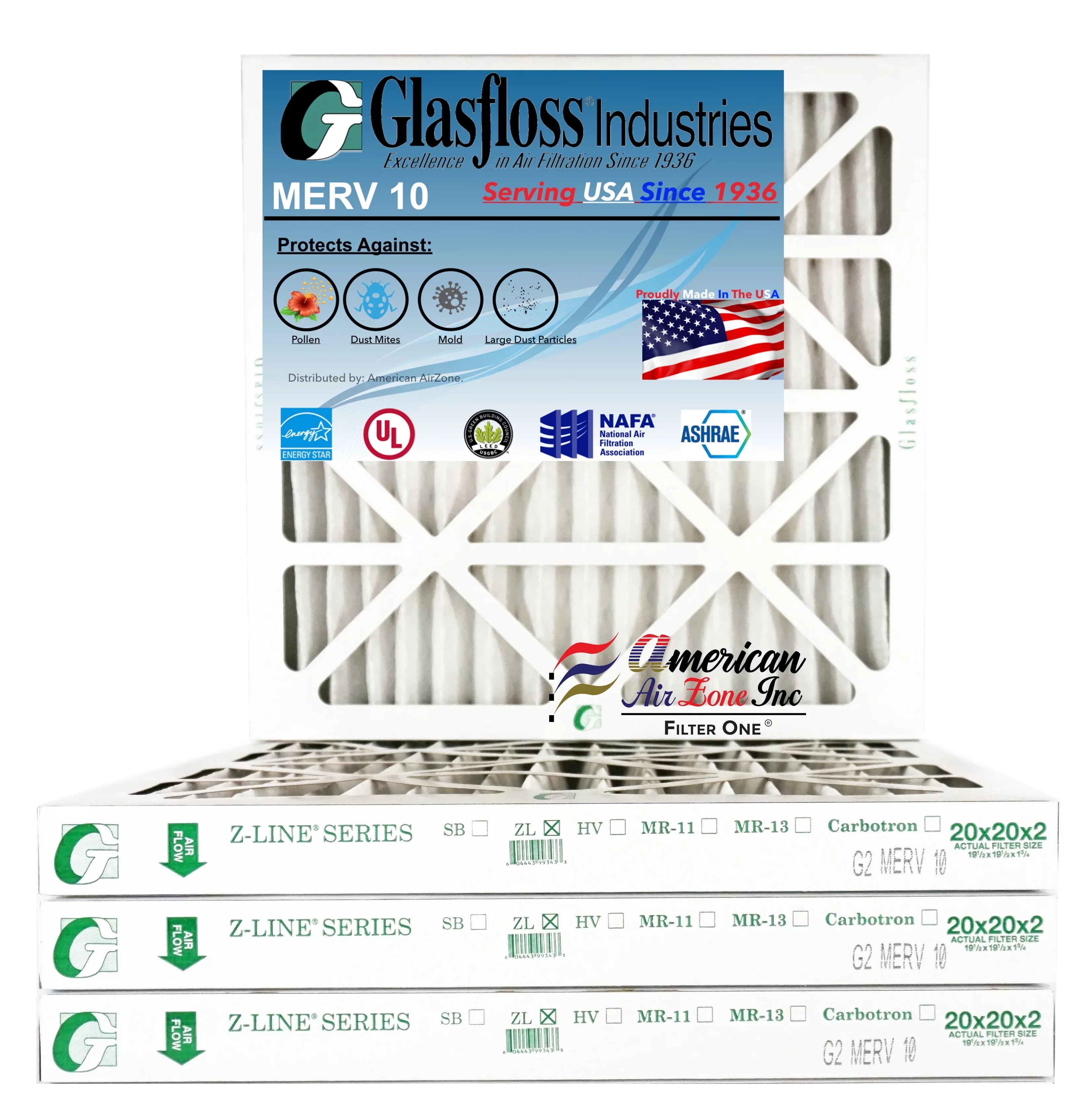 Glasfloss Air Filter 20x20x2 - 2" MERV 10 - (Pack of 4) - Pleated AC or HVAC Air Filter - Furnace Air Filter - Home or Office - Made In The USA.
