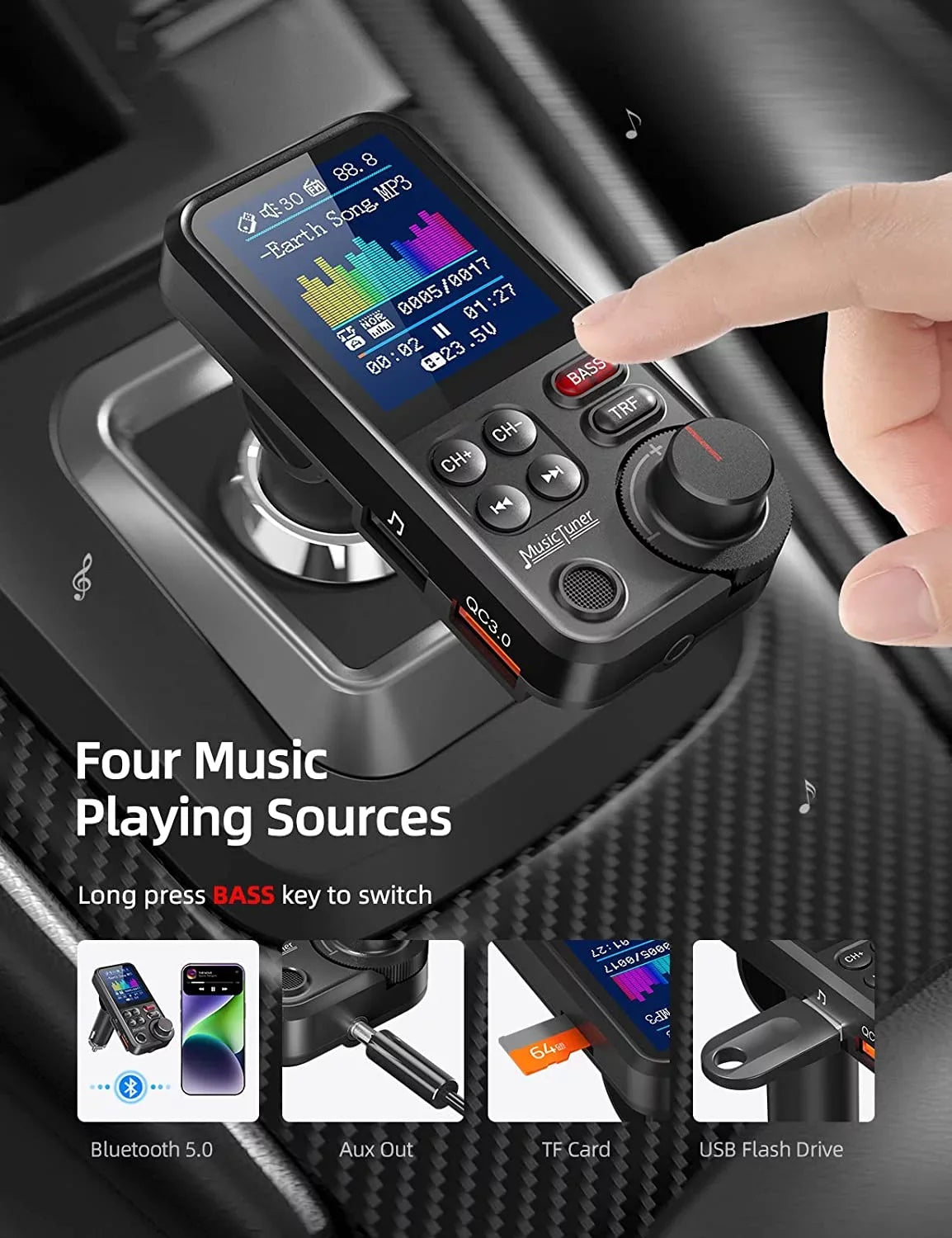 FM Bluetooth Transmitter for car, Strong Microphone Bluetooth Car Adapter with 1.8" Color Screen for Hands Free Calls, Supports QC3.0 Charging, Treble and Bass Sound Music Player- KM30