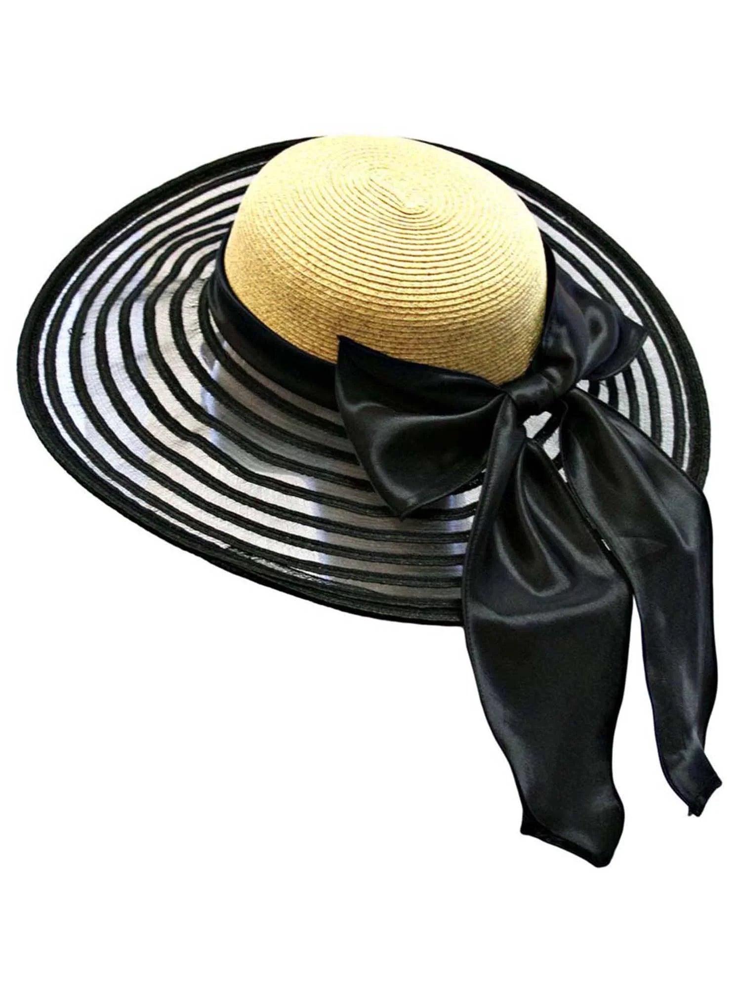 Wheat & Jet Wide Brim Floppy Hat Large With Satin Bow