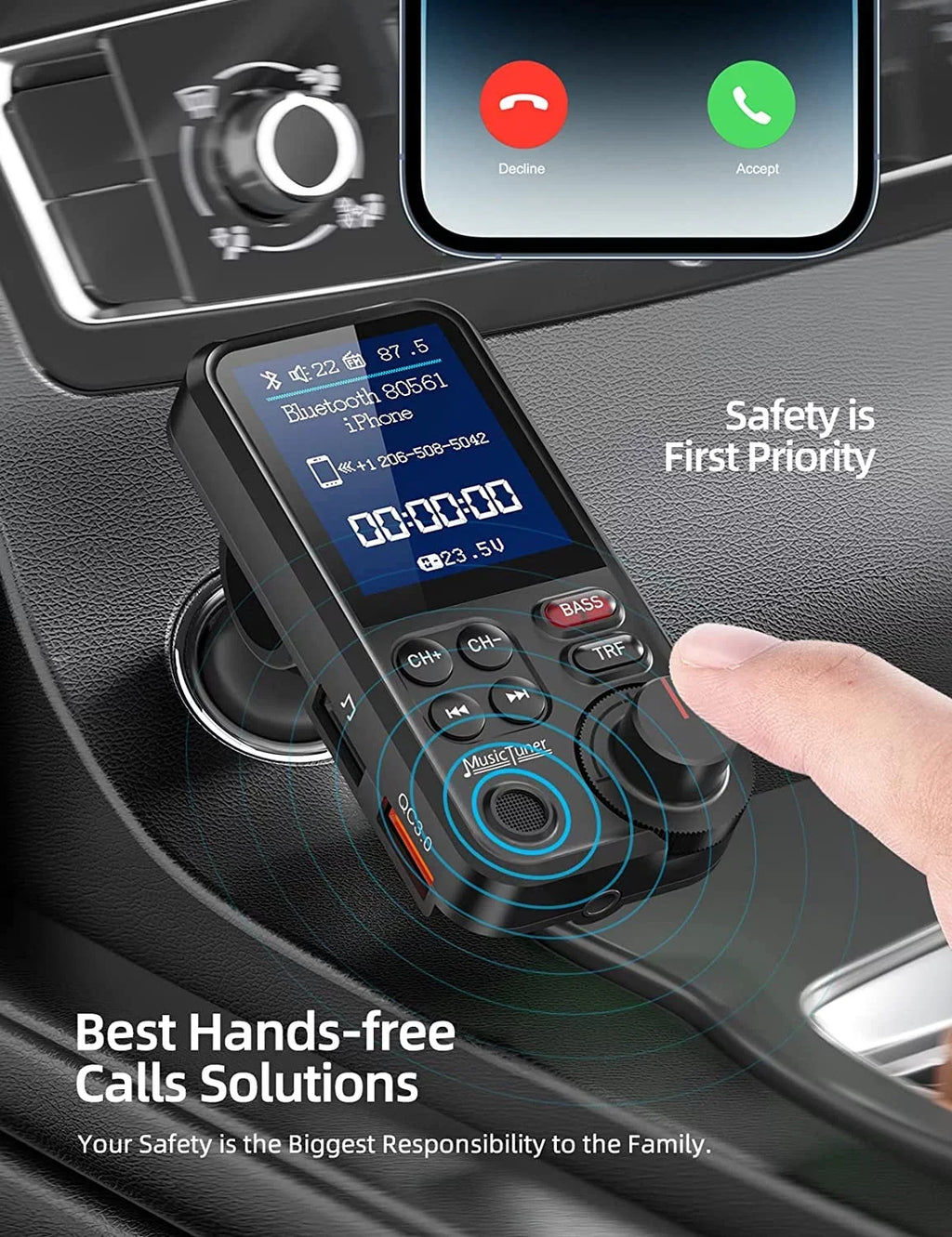 FM Bluetooth Transmitter for car, Strong Microphone Bluetooth Car Adapter with 1.8" Color Screen for Hands Free Calls, Supports QC3.0 Charging, Treble and Bass Sound Music Player- KM30