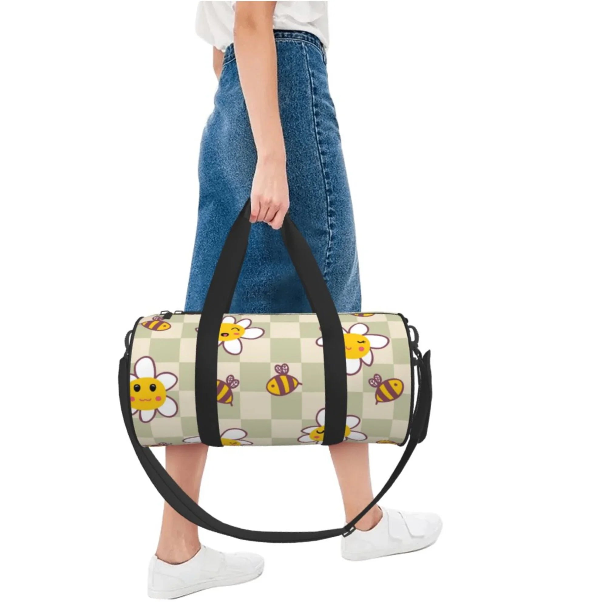ZICANCN Retro Checkerboard Daisies Bees Travel Duffle Bag, Sports Tote Gym Bag Weekenders Bags for Women Men