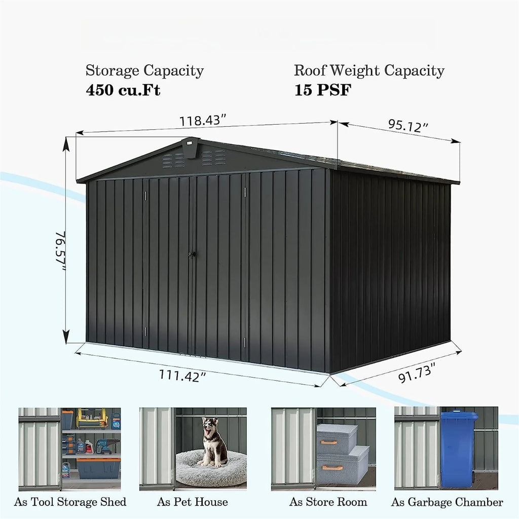 Homiyad Outdoor Storage Shed 10'X 8', Metal Garden Shed for Bike, Trash Can, Tools, Galvanized Steel Outdoor Storage Cabinet with Lockable Door for Backyard, Patio, Lawn (10X8ft, Jet