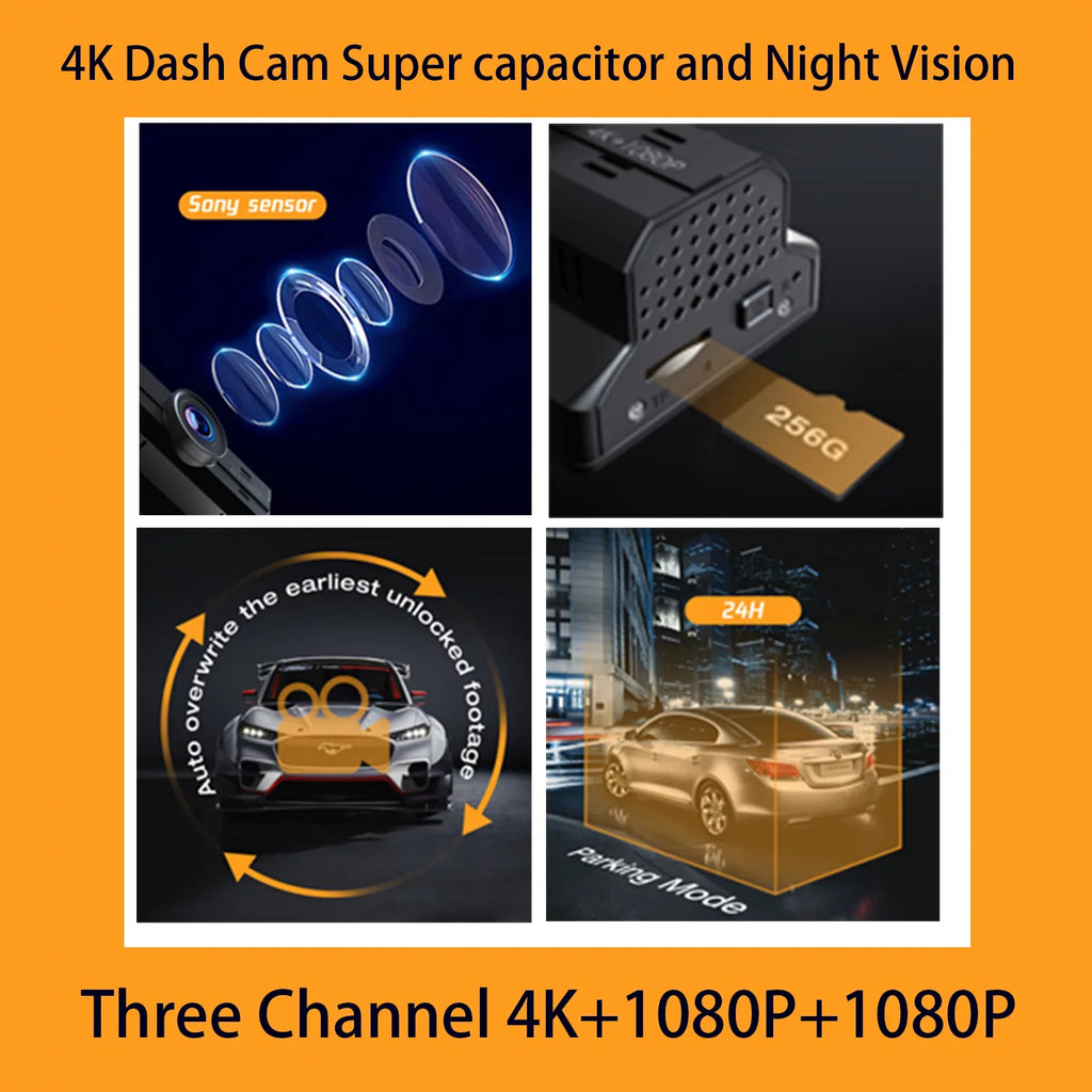 3 Channel 4K Dash Cam Front and Rear Inner 4K+1080P Dash Camera Front and Inner Triple Car Camera 2K+1080P+1080P with IR Night Vision, WDR, 170°Wide Angle, Parking Monitor