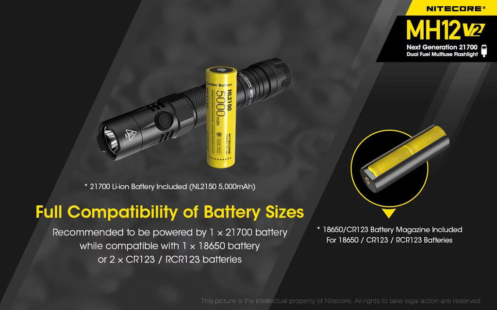 Combo: Nitecore MH12 V2 CREE XP-L2 V6 LED Flashlight -1200 Lumens -21700 Battery (Included) + NL2150i 21700 5000mAh Battery
