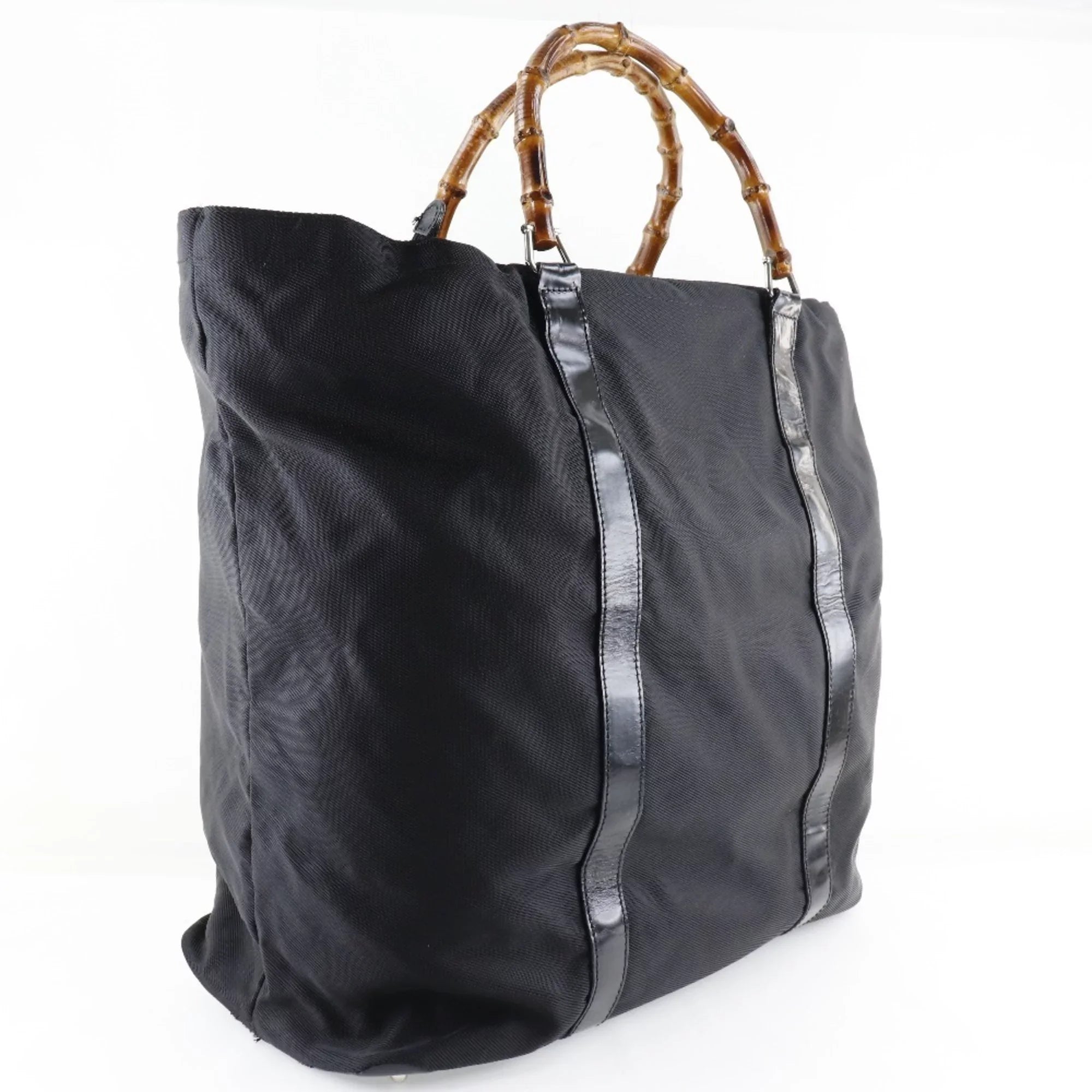 Pre-Owned GUCCI Gucci Bamboo Bag 002-2058-0412-5 Nylon Canvas x Leather Ebony Unisex Tote (Fair)