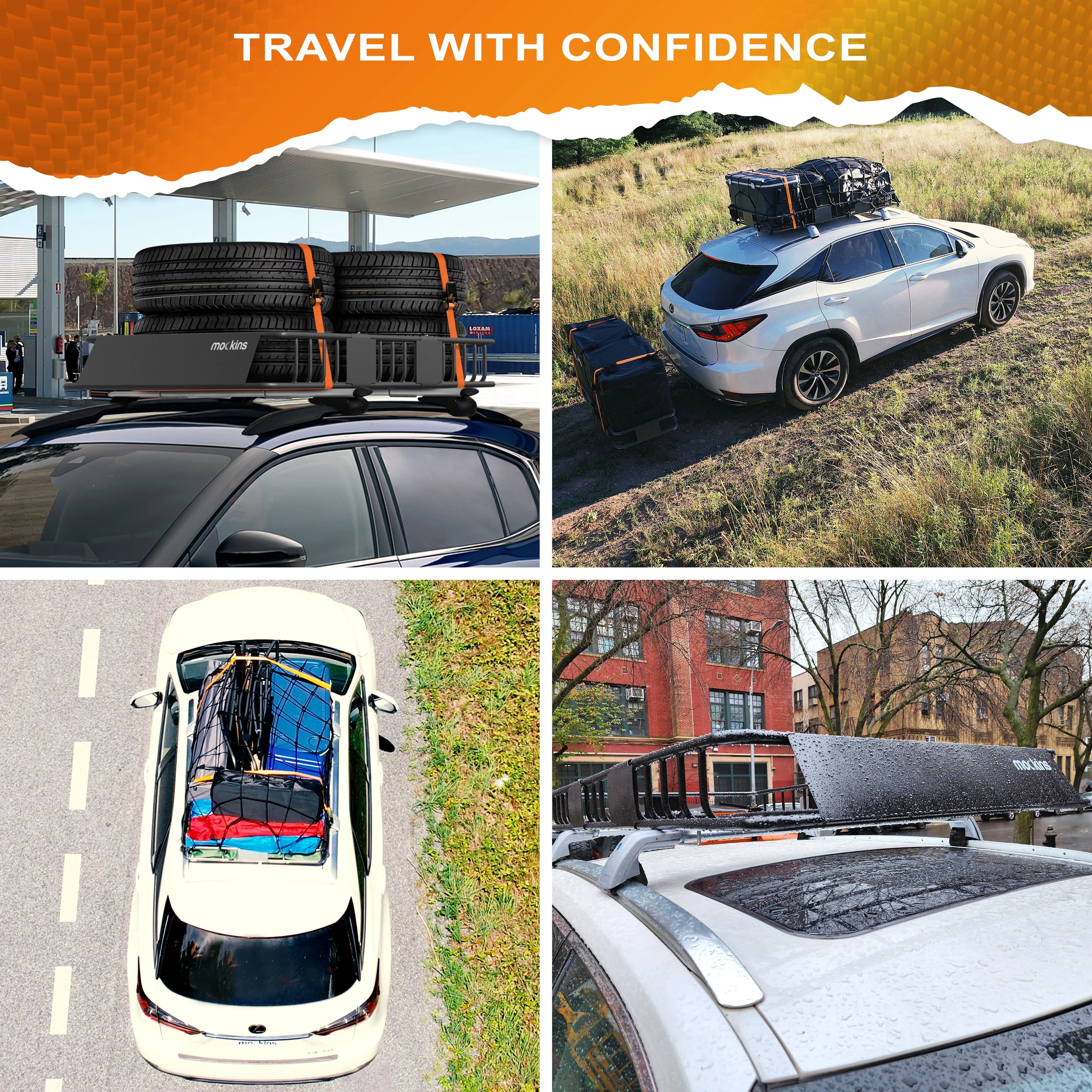 Mockins Rooftop Cargo Carrier Basket - Adjusts from 43-64"L x 39"W x 6"H | 250 lbs. Capacity Cargo Basket + Exterior Automotive Accessories.