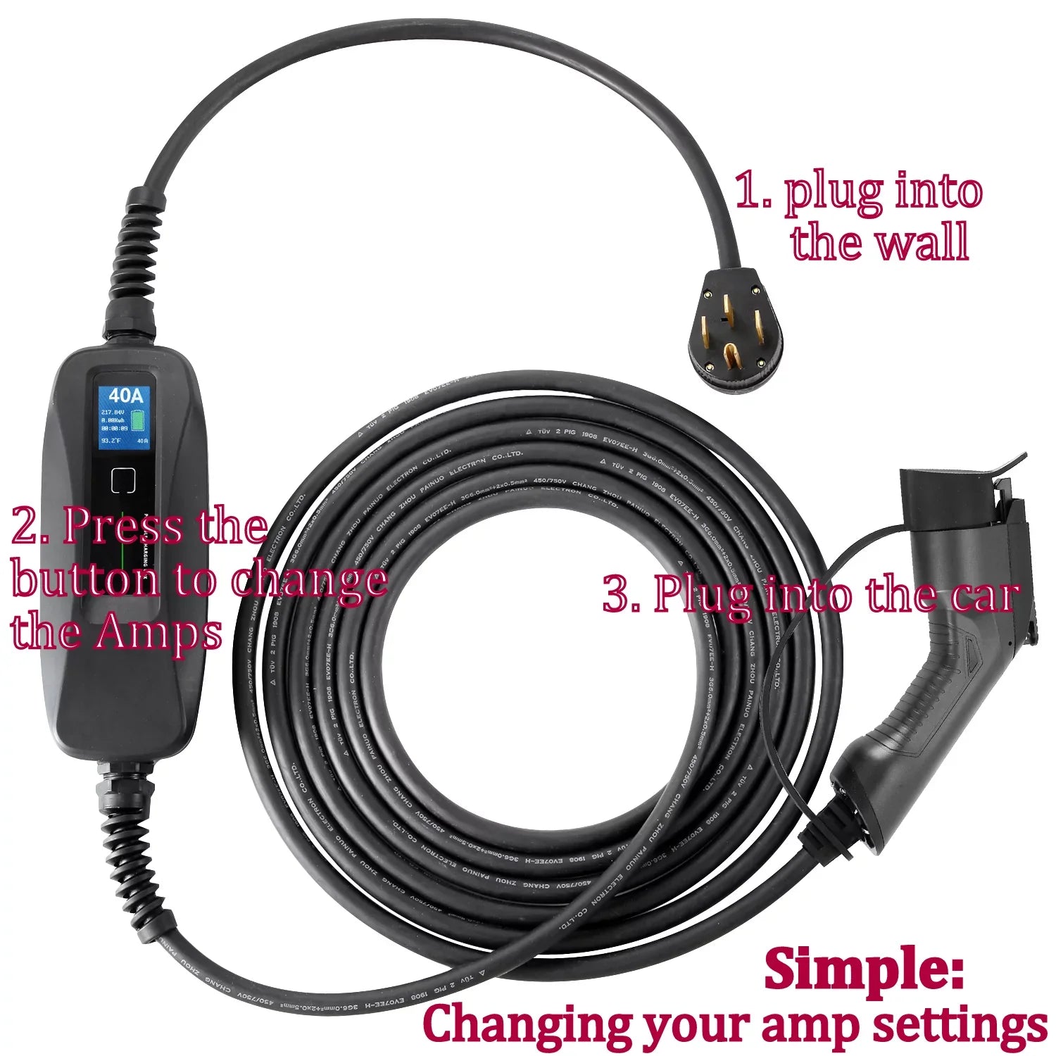 Couplago ,40 AMP (9.6 KW)- Dual Voltage -240V/120V, EV Charging Station - Level 2- EVSE- Charger for Electric Vehicles, You Set The AMPS- 40 AMP, 24 AMP or 12 AMP - 14-50R to 5-15P /120V Adapter