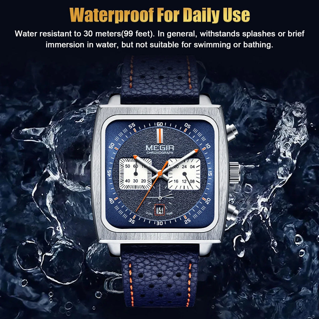 Waterproof MEGIR Men's Leather Luminous Analog Sports Quartz Military Wristwatch