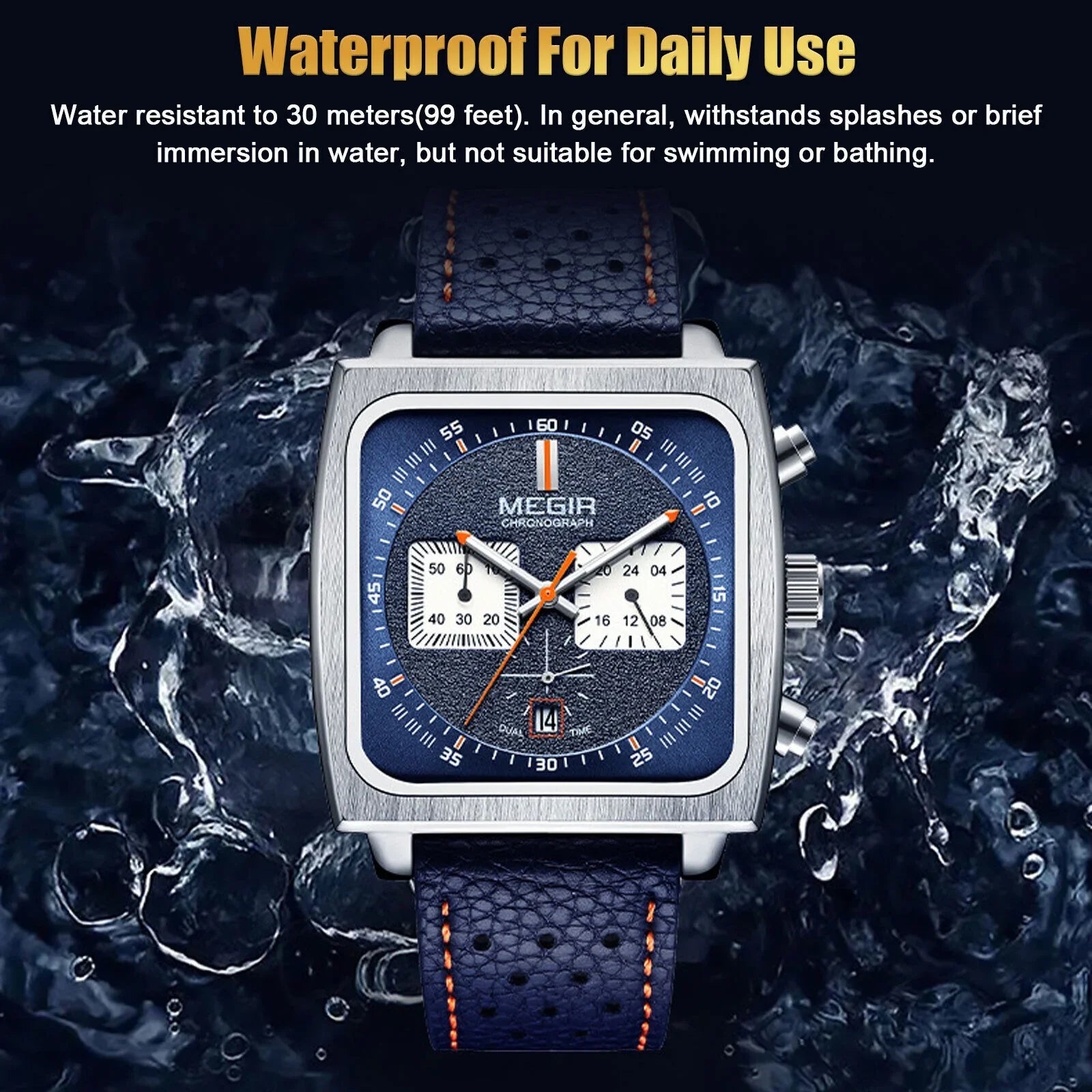Waterproof MEGIR Men's Leather Luminous Analog Sports Quartz Military Wristwatch
