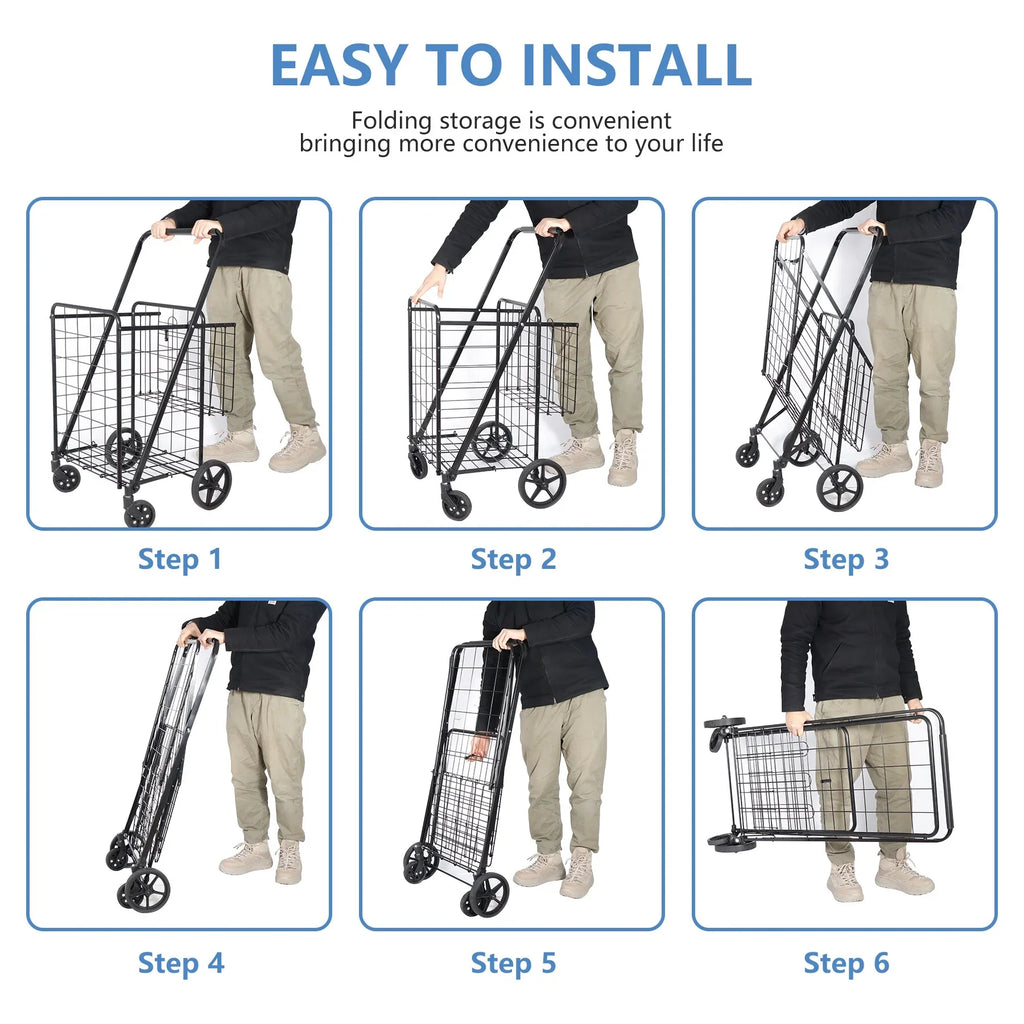 ZENY Folding Utility Shopping Cart with Double Basket and Wheels for Grocery Laundry Book Luggage Travel, Jet