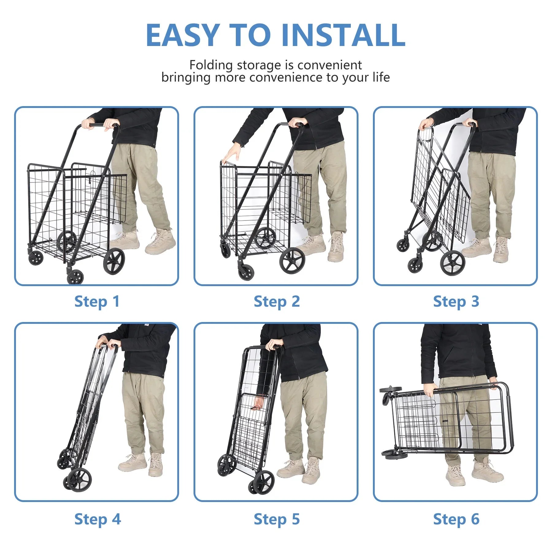 ZENY Folding Utility Shopping Cart with Double Basket and Wheels for Grocery Laundry Book Luggage Travel, Jet