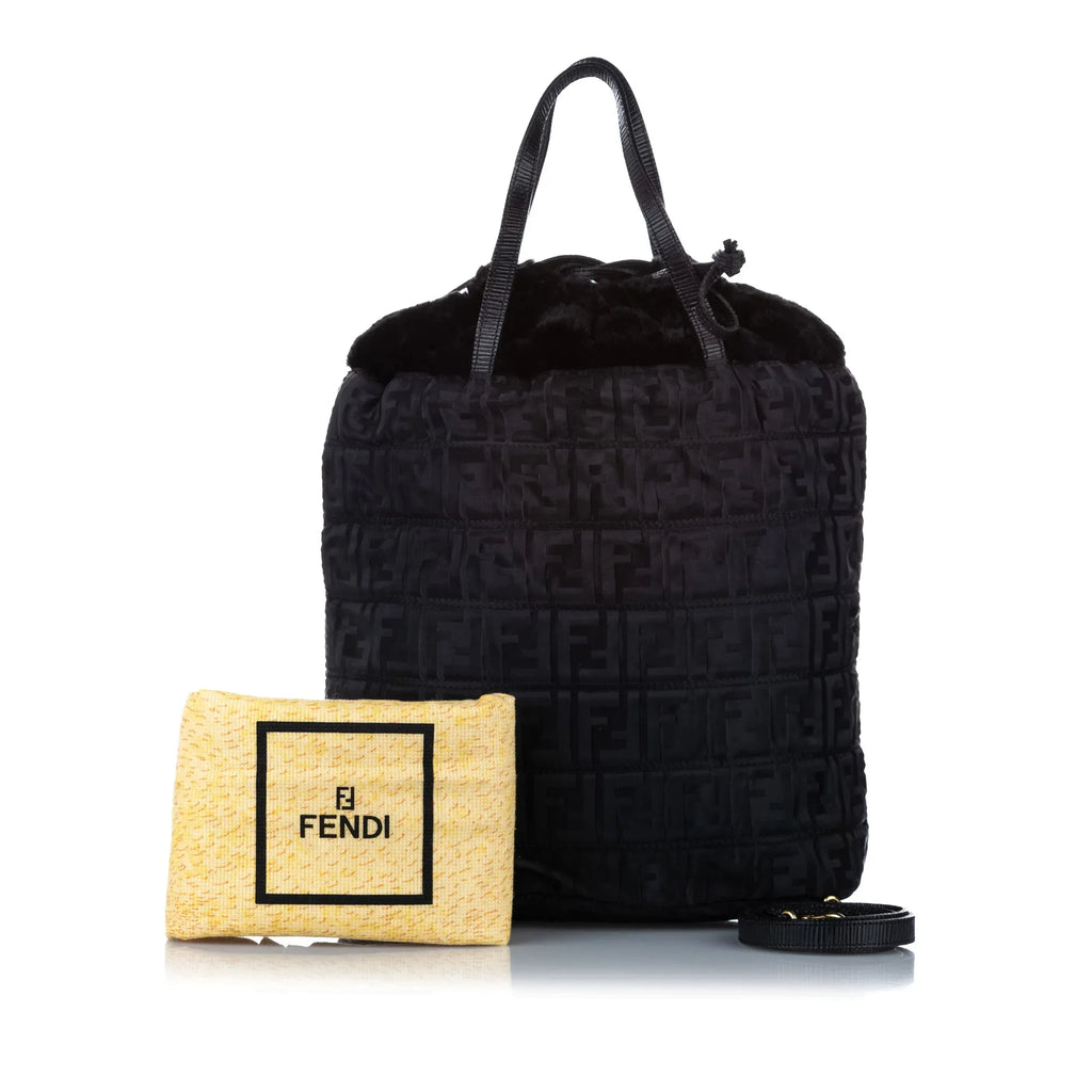 Pre-Owned Fendi Zucca Drawstring Tote Bag Nylon Fabric Jet Satchel Women (Good)