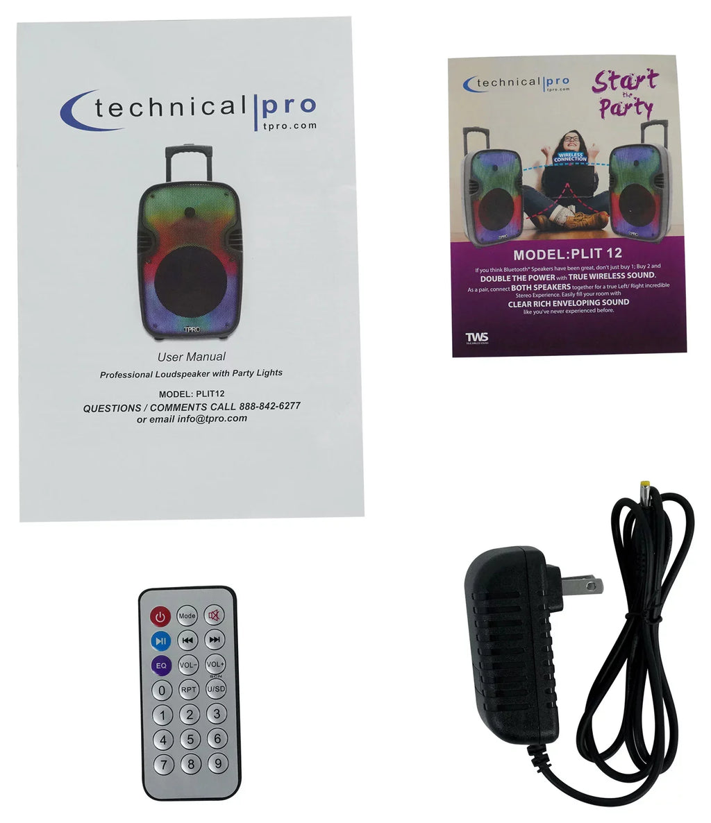 (2) Technical Pro PLIT12 Bluetooth LED 12" Party Speakers+Wireless Link+Stands