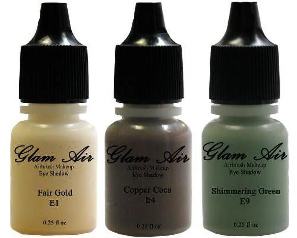 Glam Air Set of Three (3) s-E1 Fair Gold E4Copper Cocoa, &amp; E9shimmery Green, Airbrush Water-based 0.25 Fl. Oz. Bottles of Eyeshadow Shimmery Green, Copper Cocoa, Fair Gold