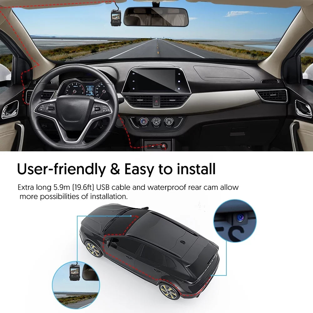 Crosstour CR600 Dual Dash Cam Front and Rear FHD 1080P Mini in Car Camera with Parking Monitoring,G-Sensor,WDR,Night Vision, Motion Detection, Loop Recording, Screen Rotation
