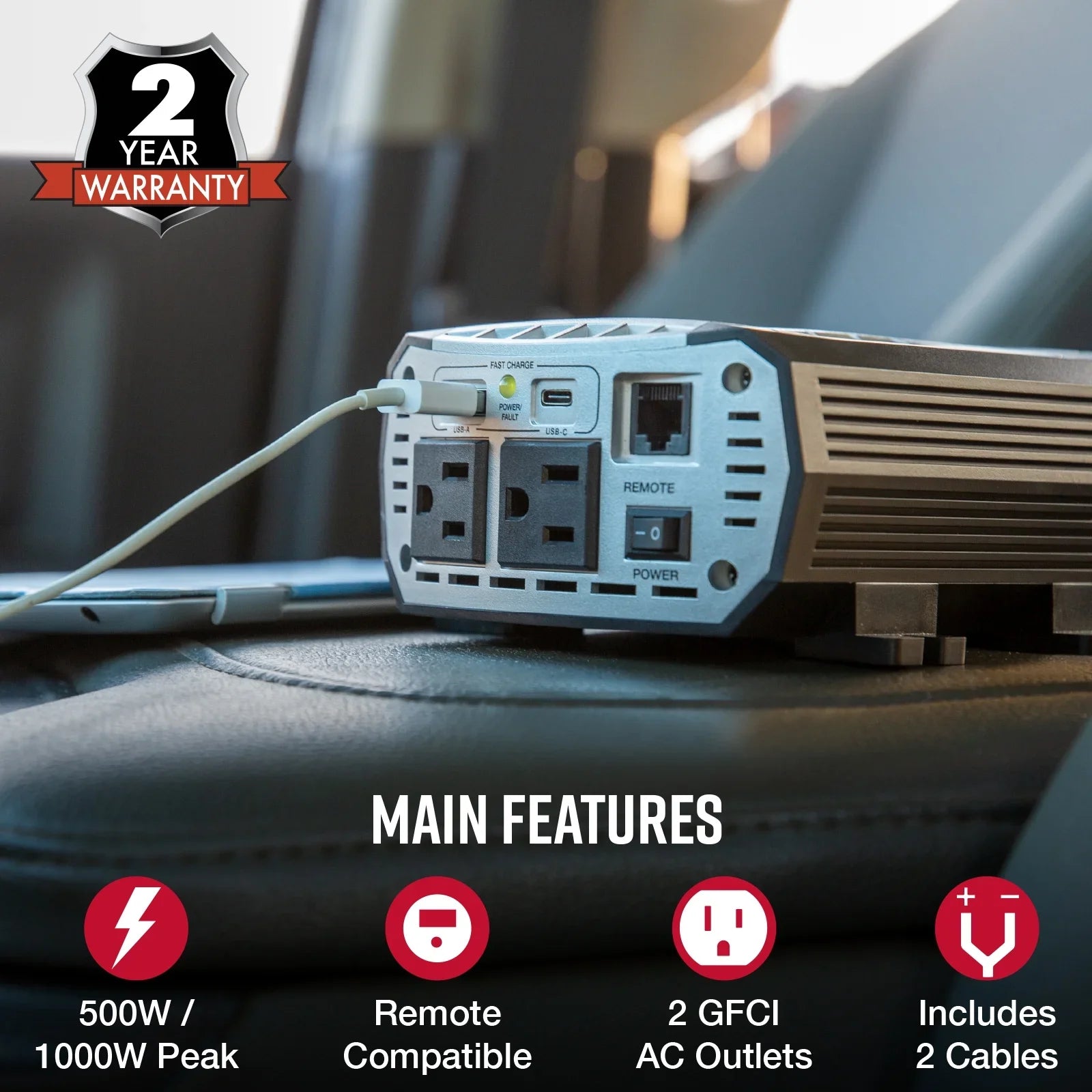 Cobra POWER 500W | Power 500-Watt Power Inverter with Fast Charge USB (CPI 500W)