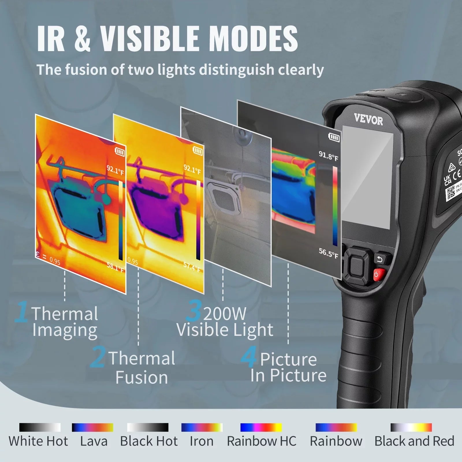 VEVOR Thermal Imaging Camera, 240x180 IR Resolution with 2MP Visual Camera, 20Hz Refresh Rate Infrared Camera with -4℉~1022℉ Temperature Range, 64G Built-in SD Card and Rechargeable Li-ion Battery