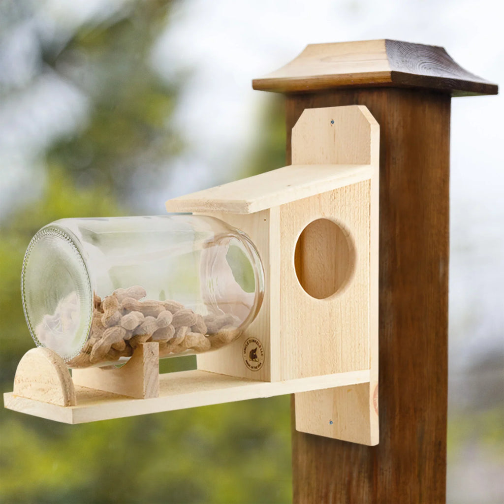 Uncle Dunkels Backyard Squirrel Feeder (w/ Gallon Glass Jar); Rustic Handmade Squirrel Food Box