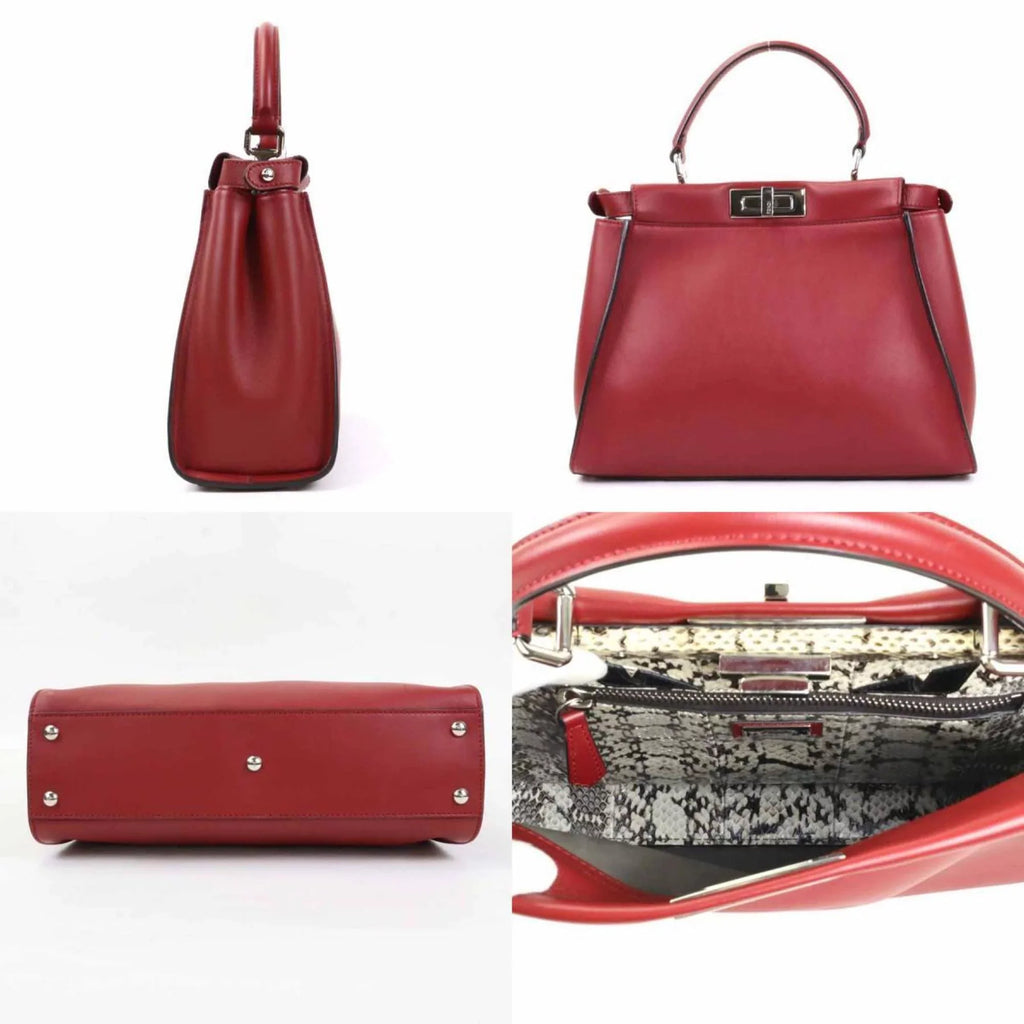 Pre-Owned Fendi FENDI Handbag Shoulder Bag Peekaboo Leather Dark Red Silver Women's (Good)