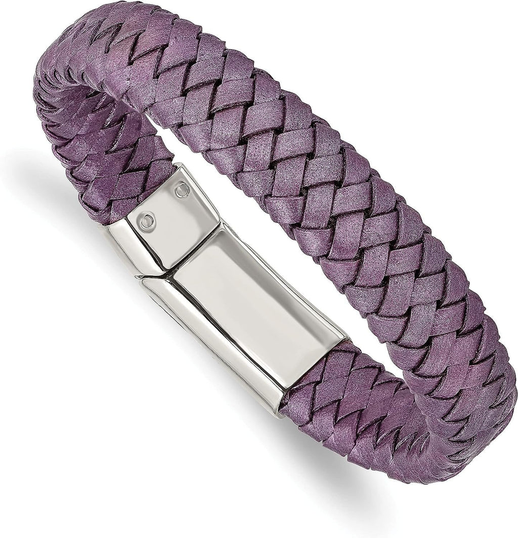 Chisel Stainless Steel Polished Metallic Purple Braided Leather Bracelet - 7.5"