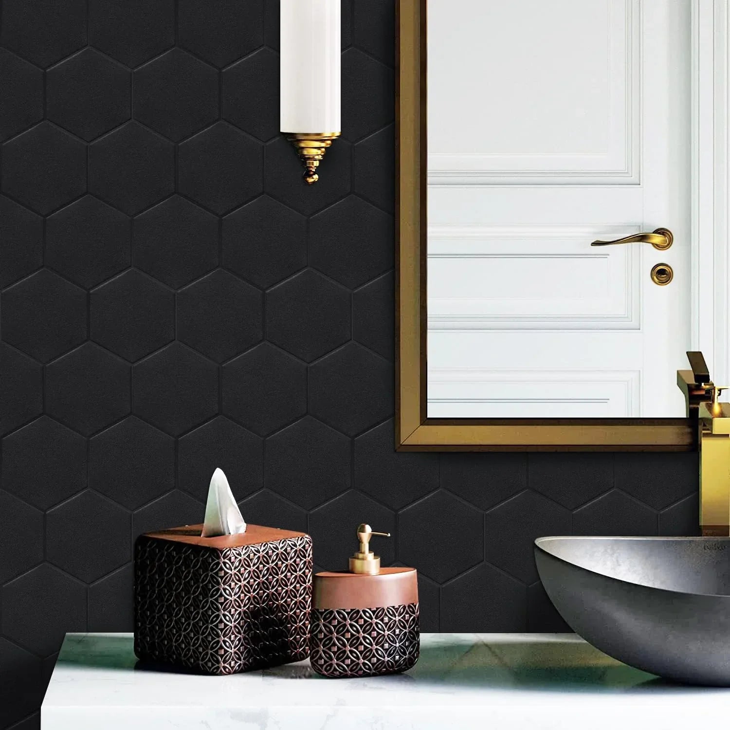 Real 3D Matte Dark Self Adhesive PET Tiles Big Hexagon Peel and Stick Backsplash for Kitchen Bathroom(11.57''x10.35'',10-Sheet)