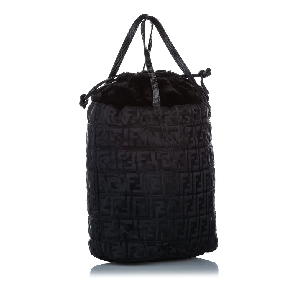 Pre-Owned Fendi Zucca Drawstring Tote Bag Nylon Fabric Jet Satchel Women (Good)