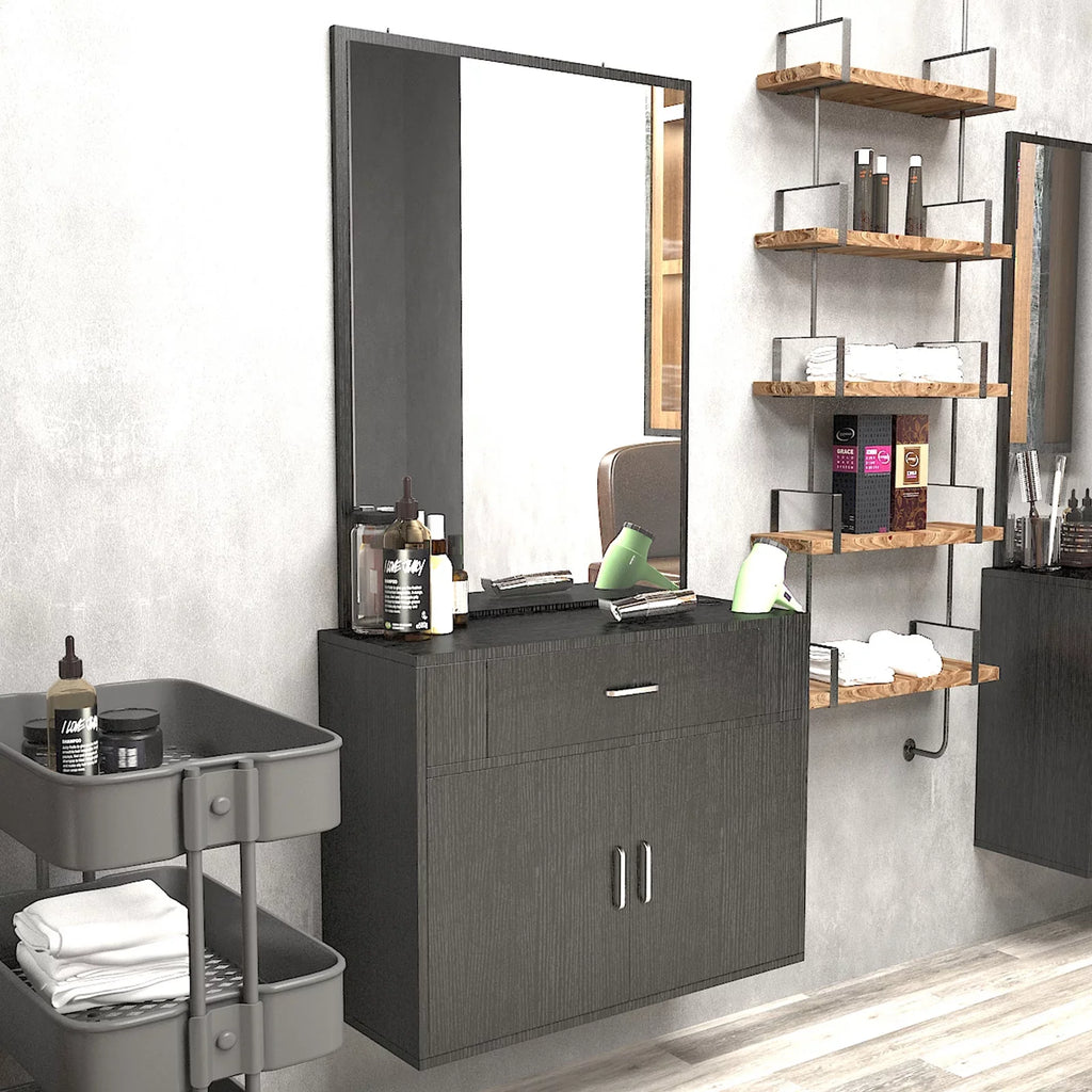 Artist Hand Wall Mount Barber Salon Station Hair Styling Makeup Spa with Mirror, Drawer, 2 Doors Ebony