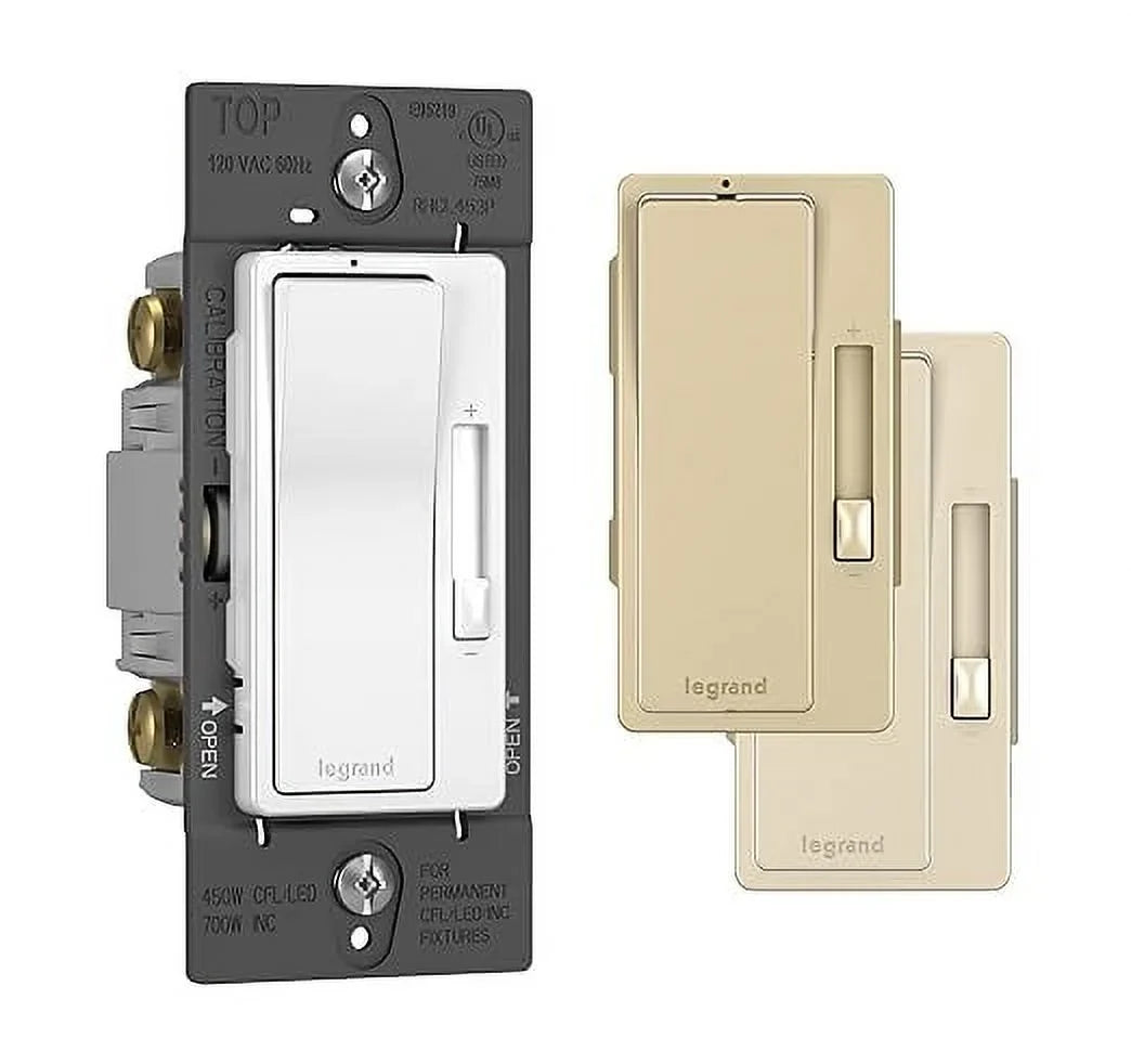 Legrand - Pass & Seymour Radiant Dimmer Light Switch, Single Pole Dimmer Switch and 3 Way Rocker Wall Switch, Interchangeable Tri-Color Faceplates Paddle Dimmer, RHCL453PTCCCV4, 1 Count