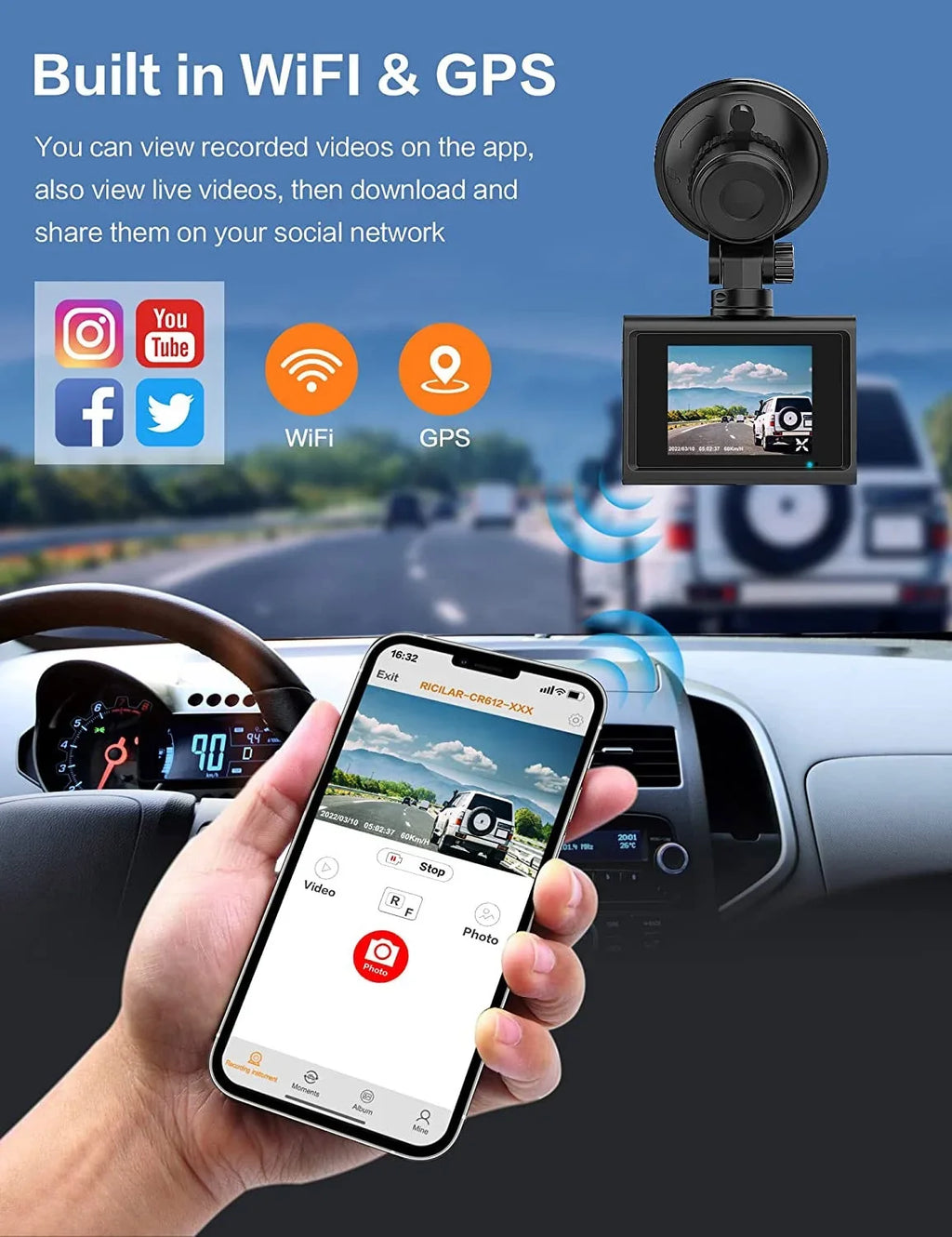 4K Front and Rear Dash Cam for Cars, Dual Dash Cam with SD Card, 2 Inch Dash Camera with GPS WIFI, Night Vision, Loop Recording, Parking Mode, Wide Angle, 64GB SD Card Included