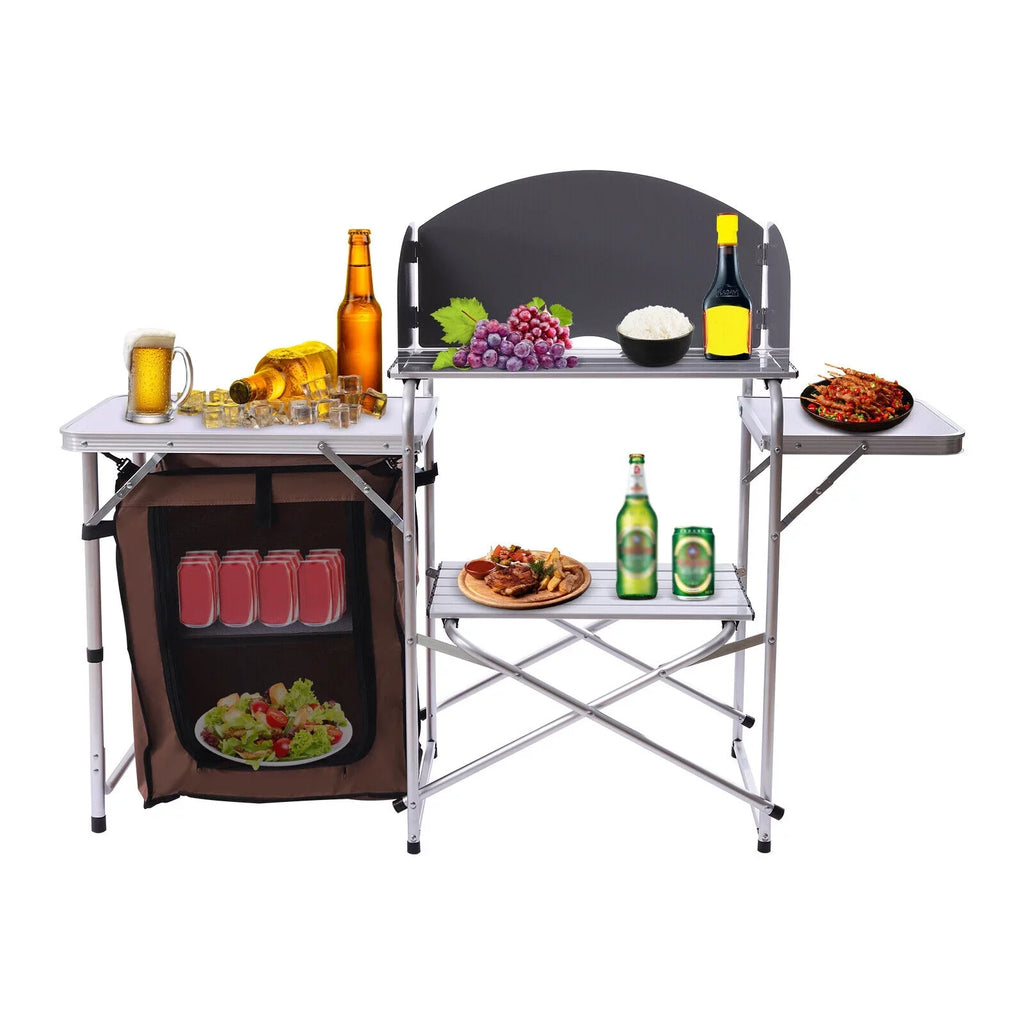 DENEST Folding Camping Kitchen Station Portable Barbecue Table Rack Brown Fabric Cover