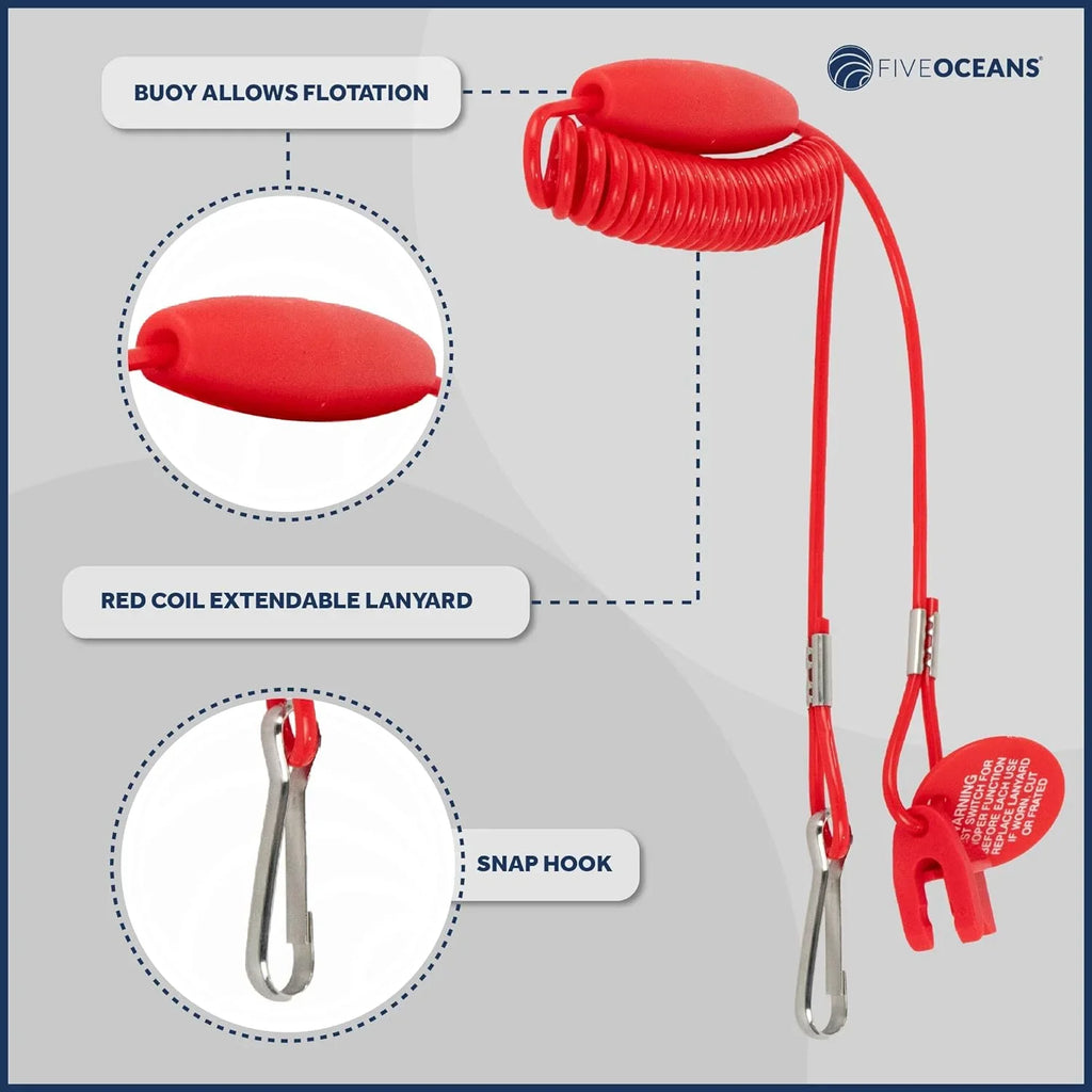 Five Oceans Marine Universal Emergency Cut-Off Switch, Kill Switch, Engine Shut-Off Switch 12VDC, Coil Extendable Lanyard, Snap Hook and Red Buoy, for Jet Ski, Inflatable Boats, ATVs - FO1518