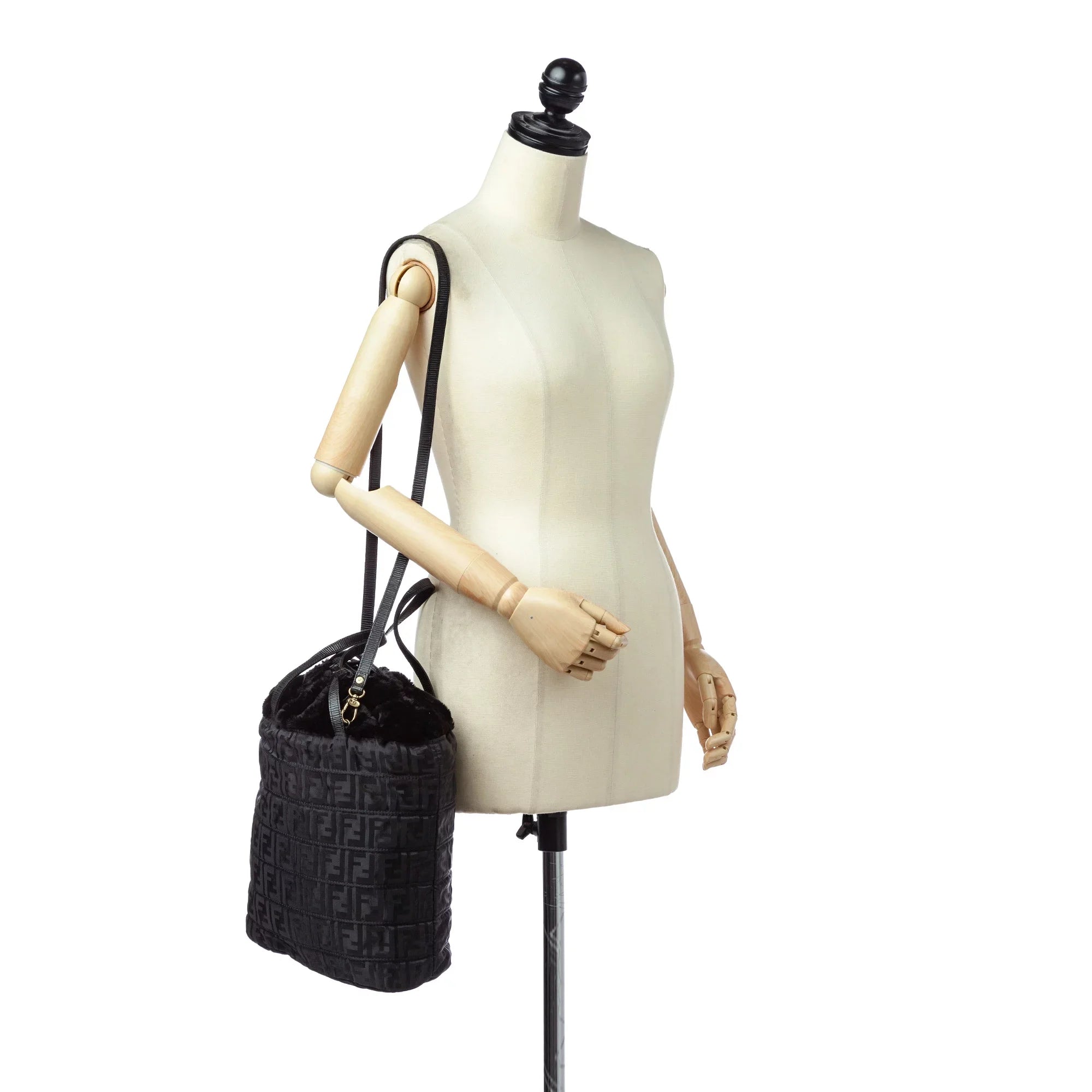 Pre-Owned Fendi Zucca Drawstring Tote Bag Nylon Fabric Jet Satchel Women (Good)