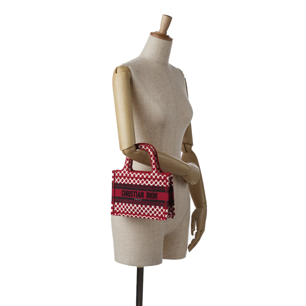Pre-Owned Authenticated Dior Mini Dioramour Book Tote Canvas Fabric Red Tote Bag Unisex (Good)