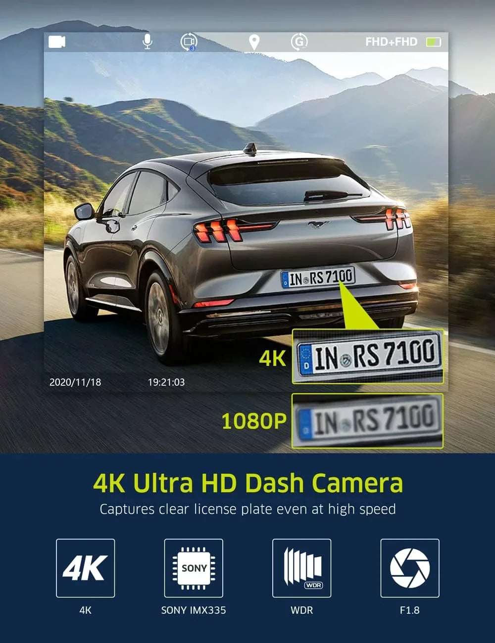 TOGUARD Dash Cam Front Rear, 4K Full HD Dash Camera for Cars, Free 64GB Card, Built-in Wi-Fi GPS, 3.16” IPS Screen, Night Vision, 170°Wide Angle, WDR, 24H Parking Mode