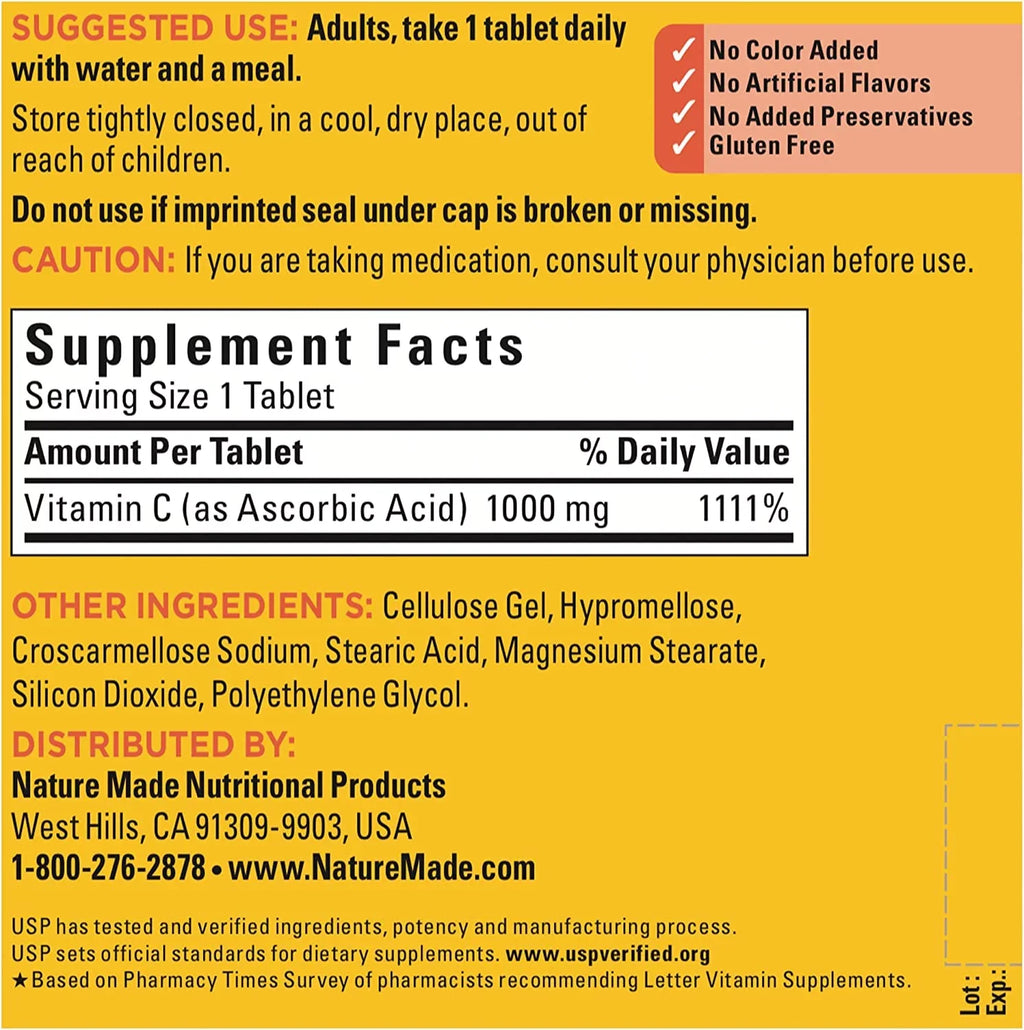 Nature Made Vitamin C 1000 mg, Dietary Supplement for Immune Support, 300 Tablets, 300 Day Supply