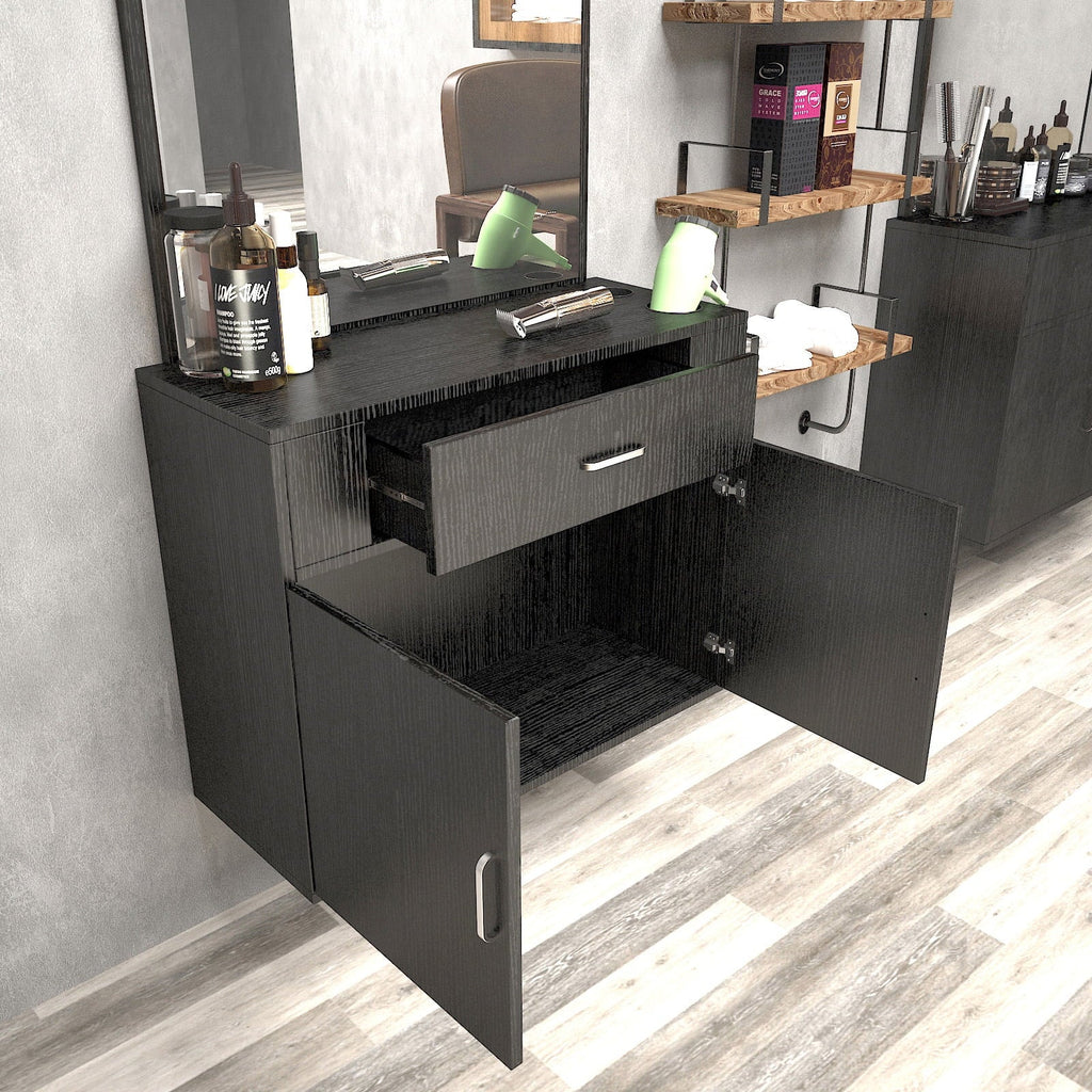 Artist Hand Wall Mount Barber Salon Station Hair Styling Makeup Spa with Mirror, Drawer, 2 Doors Ebony
