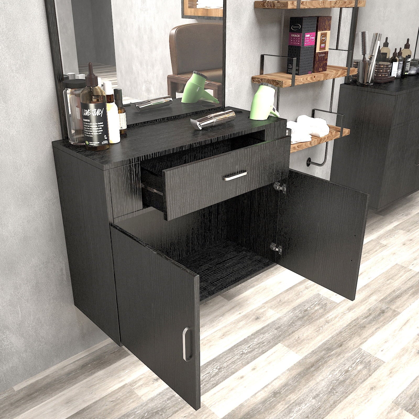 Artist Hand Wall Mount Barber Salon Station Hair Styling Makeup Spa with Mirror, Drawer, 2 Doors Ebony