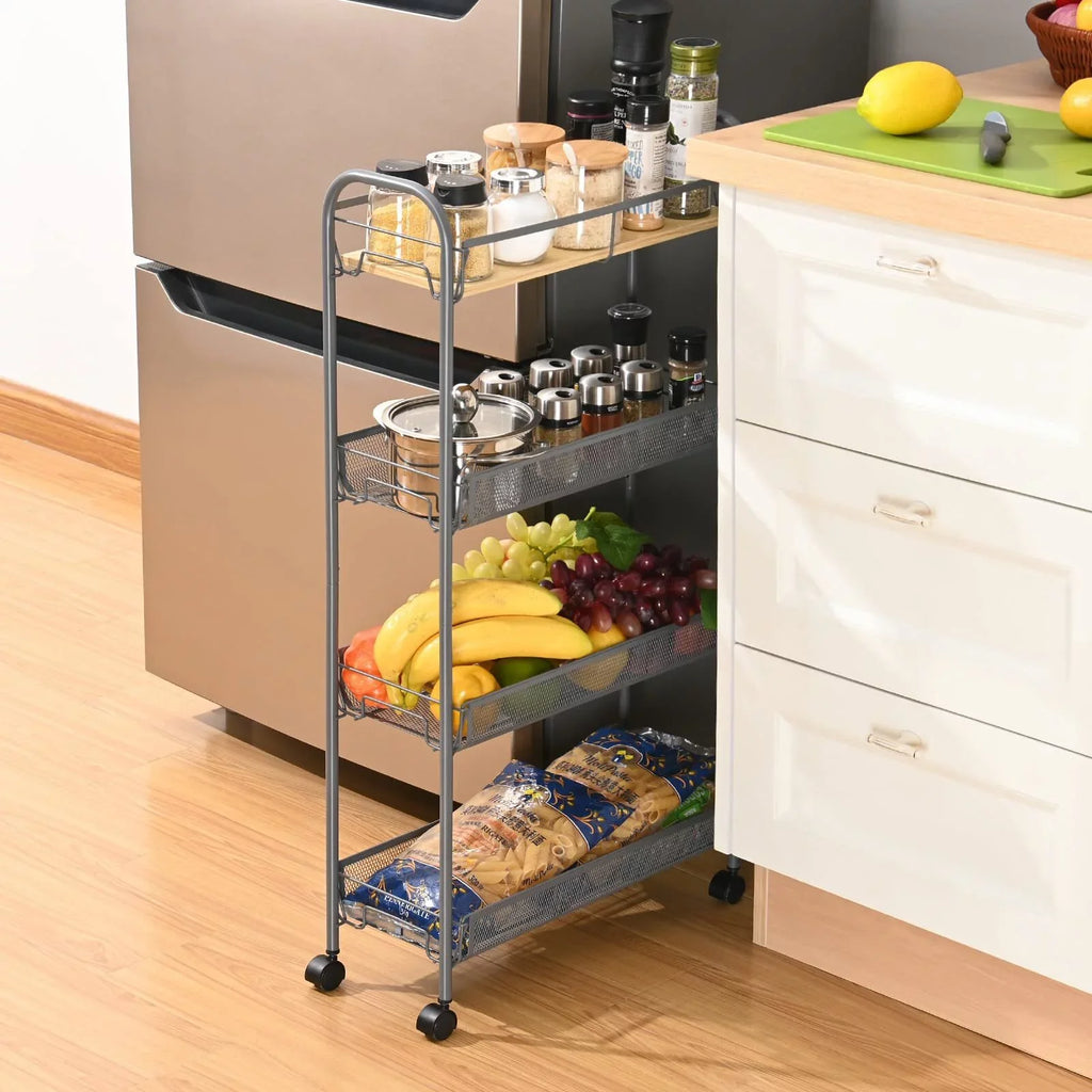 KK KINGRACK 4-Tier Rolling Cart, Mesh Storage Utility Carts with Wooden Tabletop for Kitchen Bathroom, Gray
