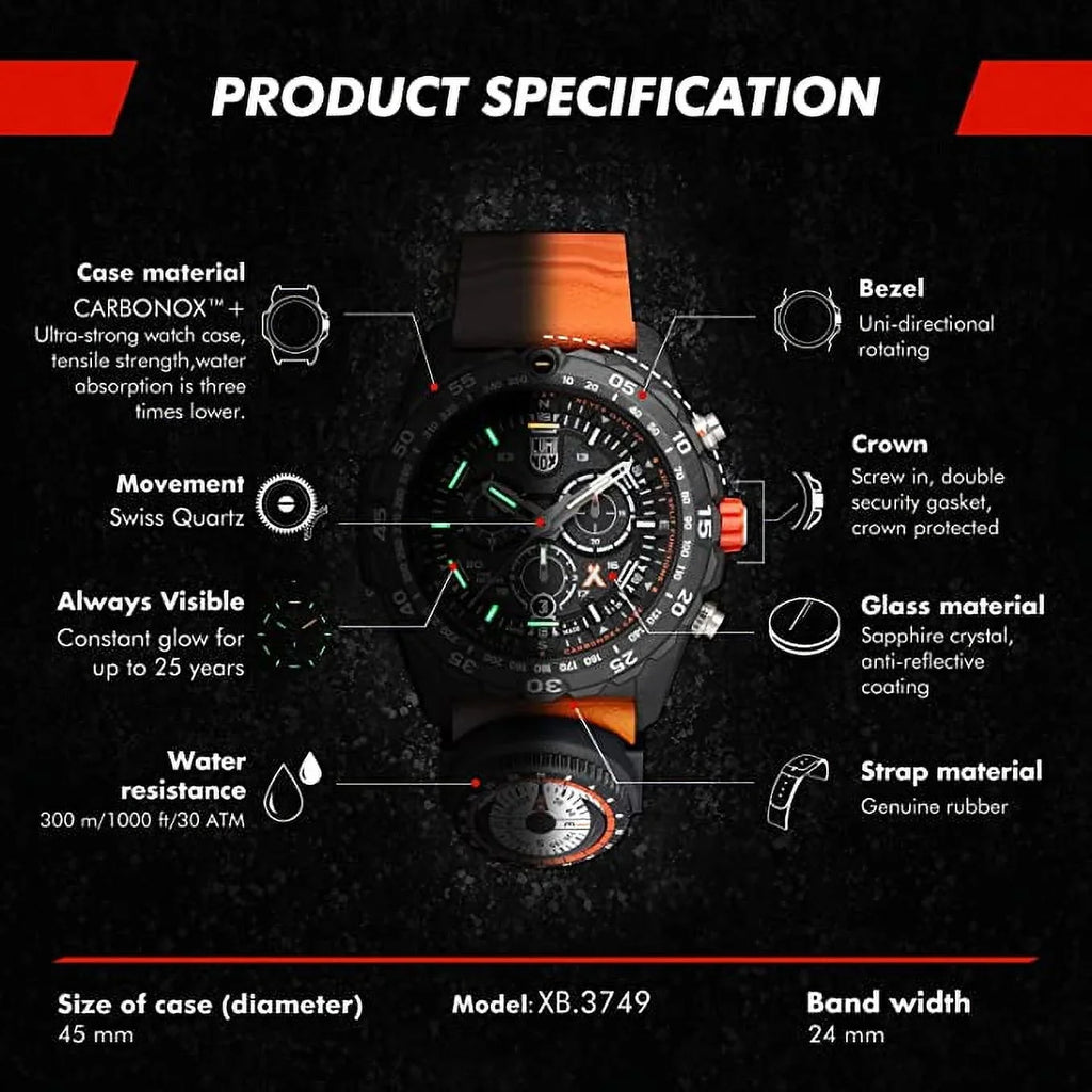 Luminox Bear Grylls Mens Watch Survival Master Series - 3749: 45mm Dark Stainless Steel Swiss Made 300 M Water Resistance