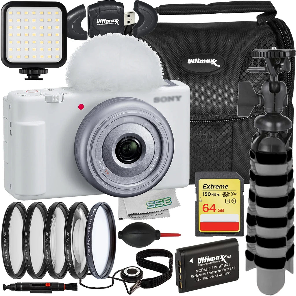 Ultimaxx Essential ZV-1F Camera Bundle (White) - Includes: 64GB Extreme Memory Card, 4PC Macro Close-Up Filter Kit, Replacement Battery & More (20pc Bundle)
