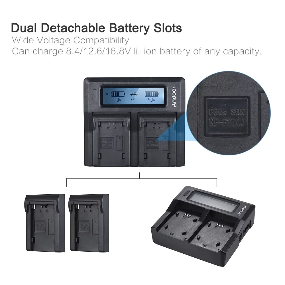 Andoer LCD Dual Channel Camera Battery NP-FZ100 Replacement for A7III A9 A7RIII A7SIII Models