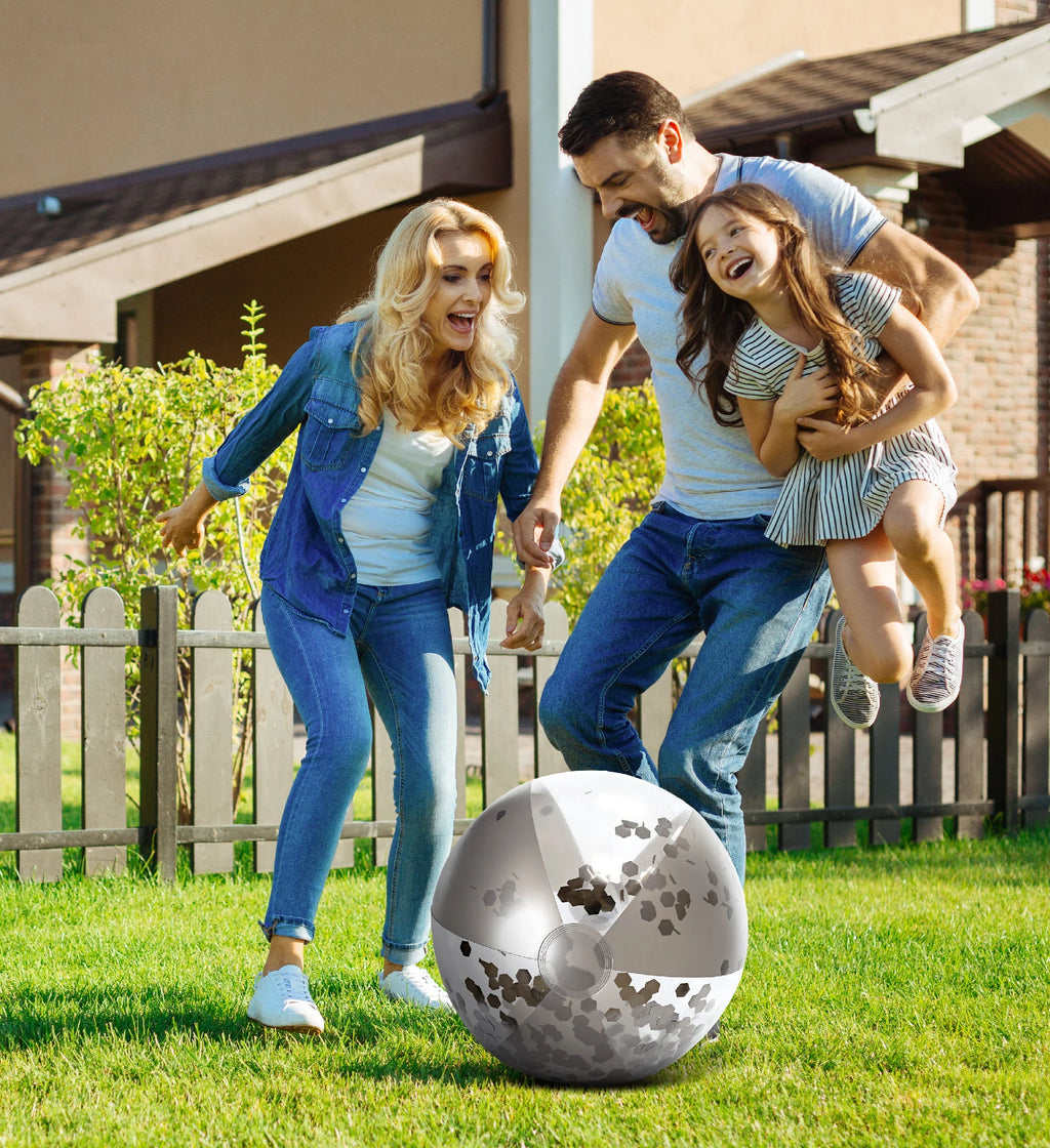 Mozlly Bundle of Silver & Gold Inflatable Beach Balls Set of 4 - Premium Heavy Duty Confetti Pool Balls, Size 16 Inch, Fun Water Pool Float Toys for Beach, Lake, Party, Vacation, Decor - 4 Pack