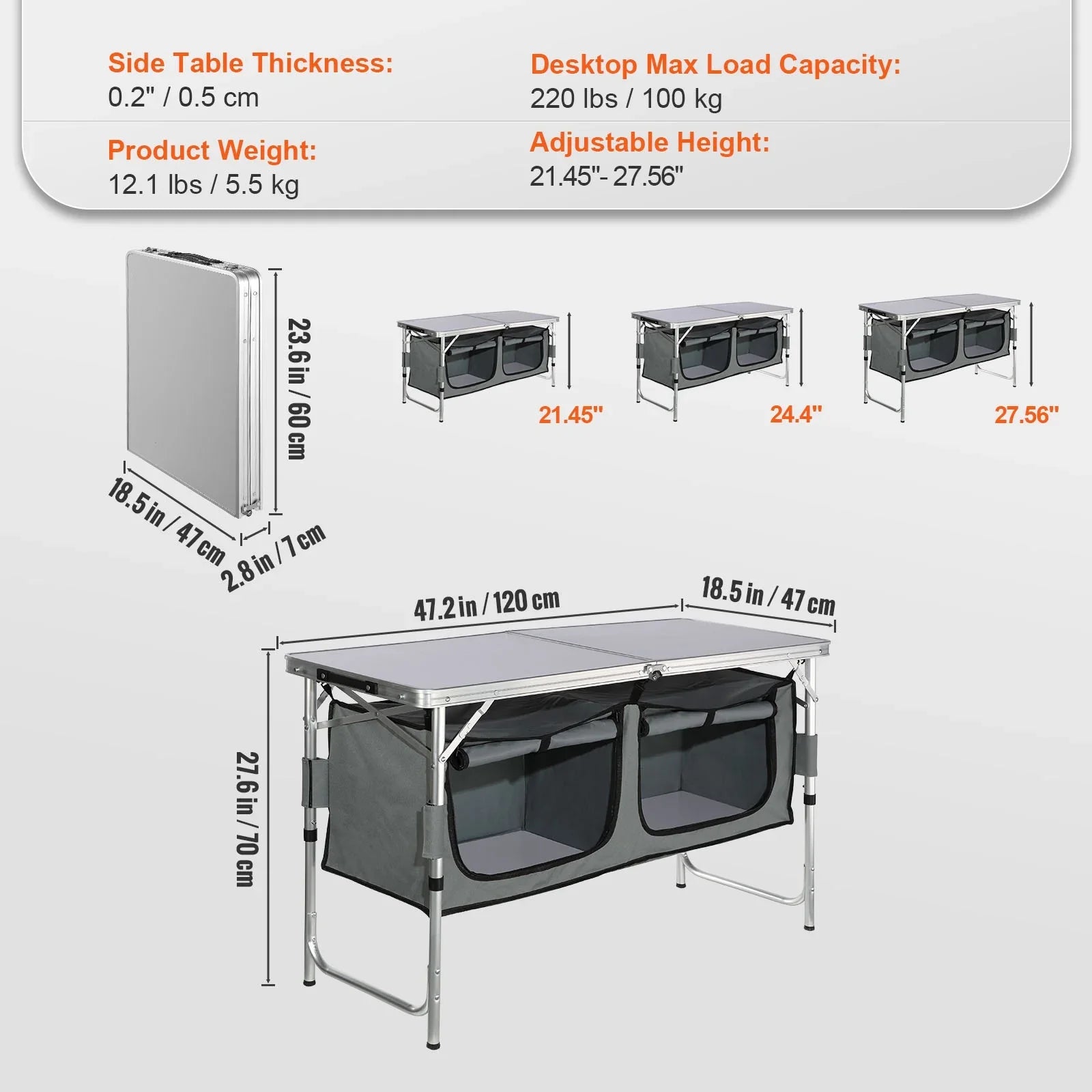 SKYSHALO Folding Portable Cook Station 3 Adjustable Heights Camping Kitchen Table