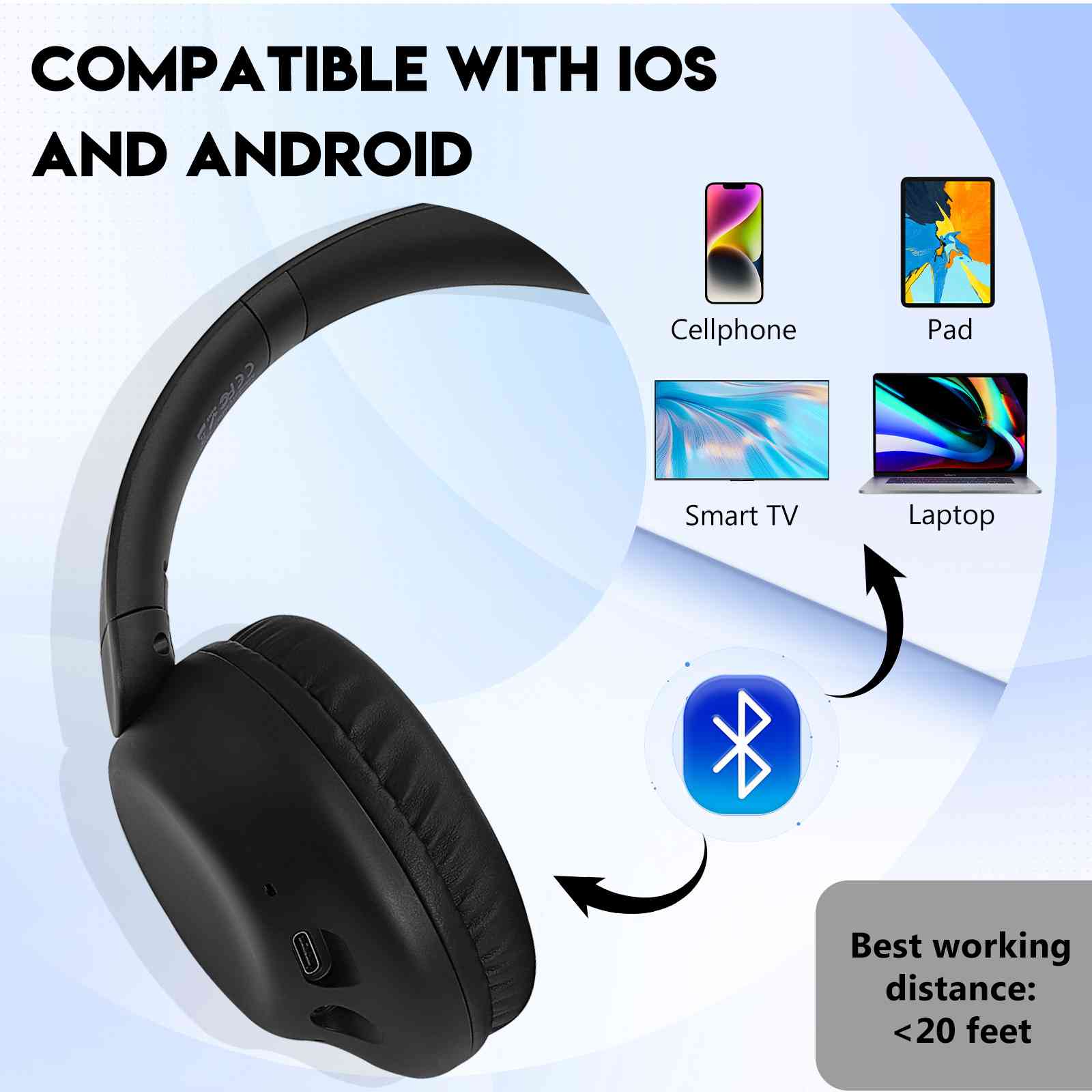 UrbanX UX35 Wireless Bluetooth Stereo Earphones with High Resolution Audio, Deep Bass, Superior Comfort Over The Ear Headphones with Mic for HTC Desire 630 Phone Call Support