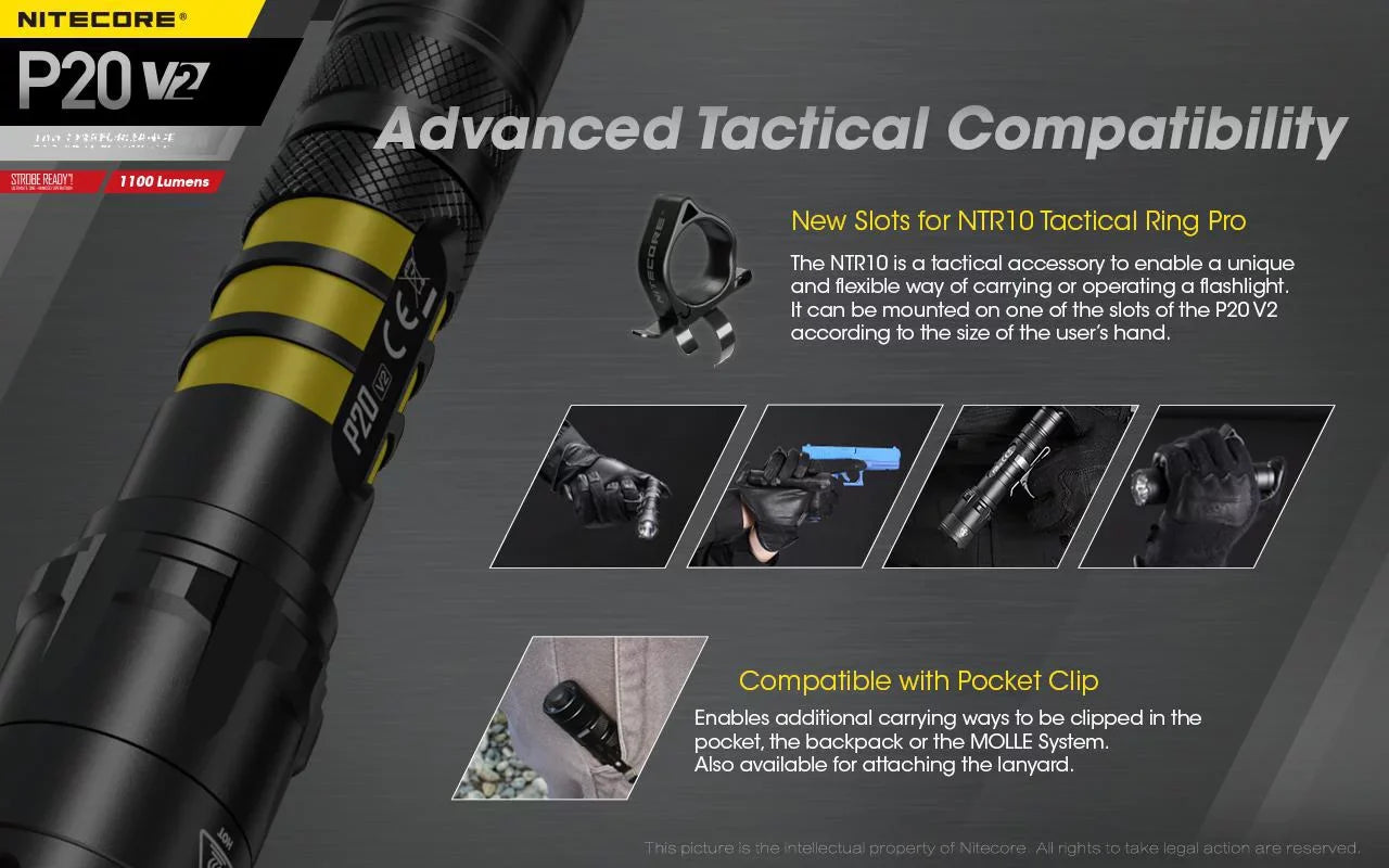 Combo: Nitecore P20 V2 Tactical LED Flashlight - CREE XP-L2 V6 - 1100 Lumens w/NL1834R Battery +Free Eco-Sensa USB Cord