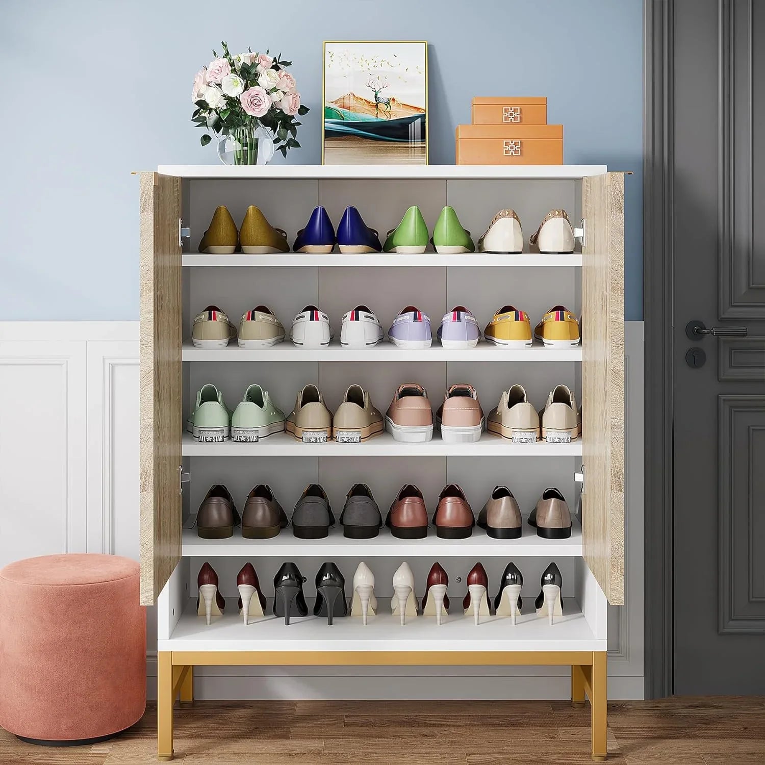 Tribesigns Shoe Cabinet with Doors, Entryway 5 Tier Shoe Storage Cabinet with Adjustable Shelves, Wood Grain & White & Gold