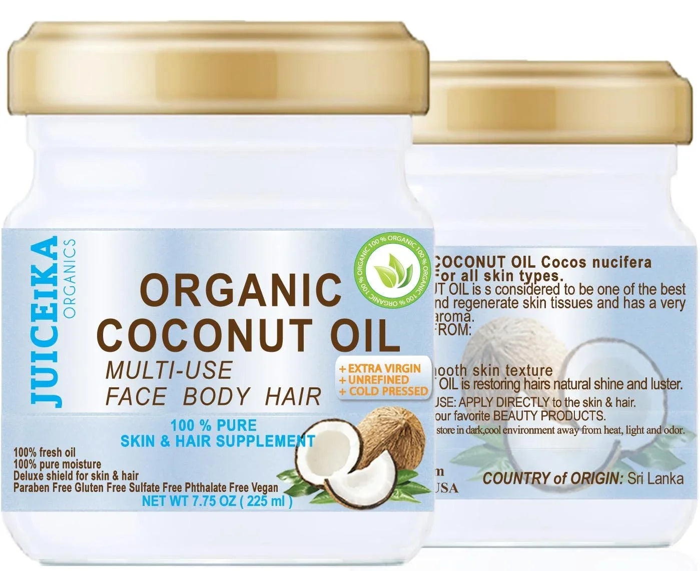 PURE ORGANIC COCONUT OIL. EXTRA VIRGIN/UNREFINED COLD PRESSED. Pure Moisture For Face, Skin, Body, Hair, Nail Care 7.75 OZ (225 Ml)