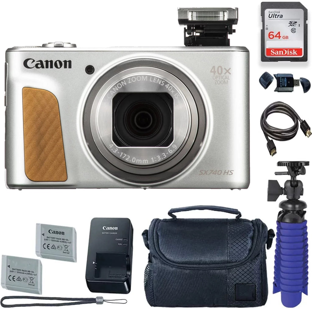 PowerShot SX740 HS Digital Camera (Silver) with 64 GB Card + Premium Camera Case + 2 Batteries + Tripod